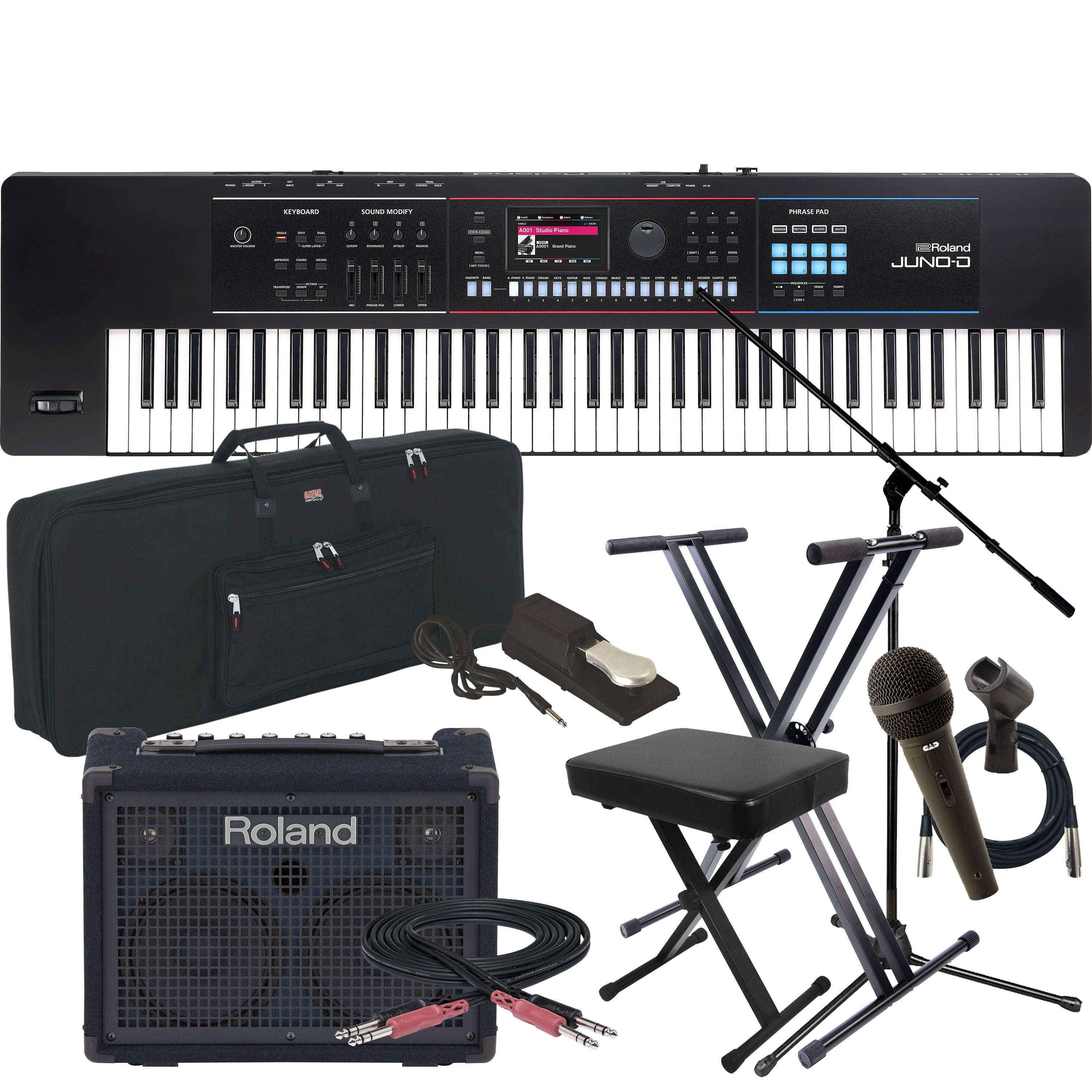 Collage showing components in Roland Juno-D7 76-Key Synthesizer COMPLETE STAGE BUNDLE