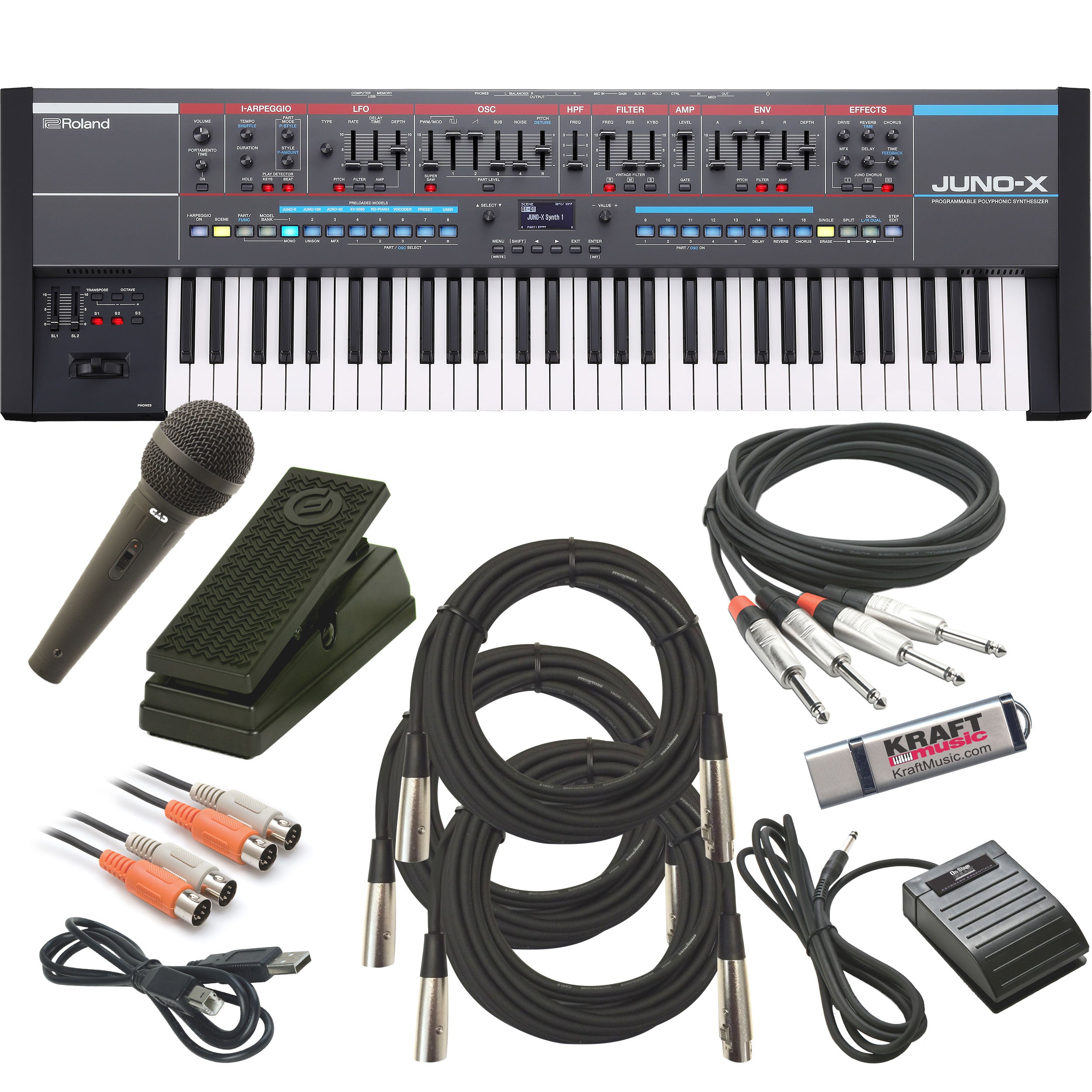 Collage showing components in Roland Juno-X 61-Key Programmable Polyphonic Synthesizer CABLE KIT