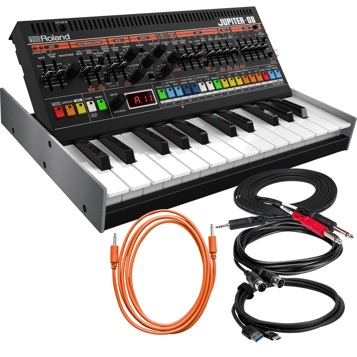 Collage showing components in Roland Boutique Jupiter-08 Synthesizer CABLE KIT