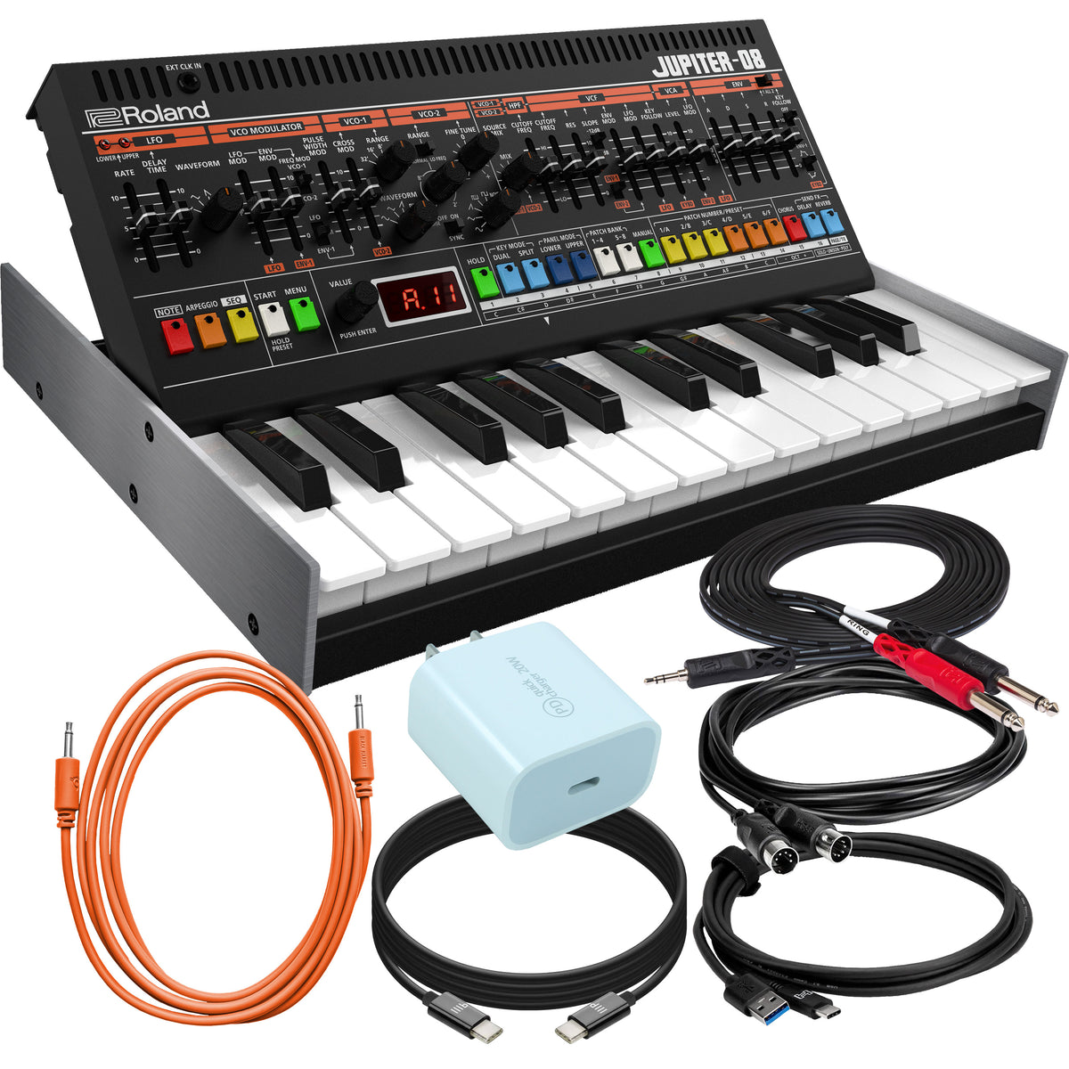 Collage showing components in Roland Boutique Jupiter-08 Synthesizer POWER & CABLE KIT