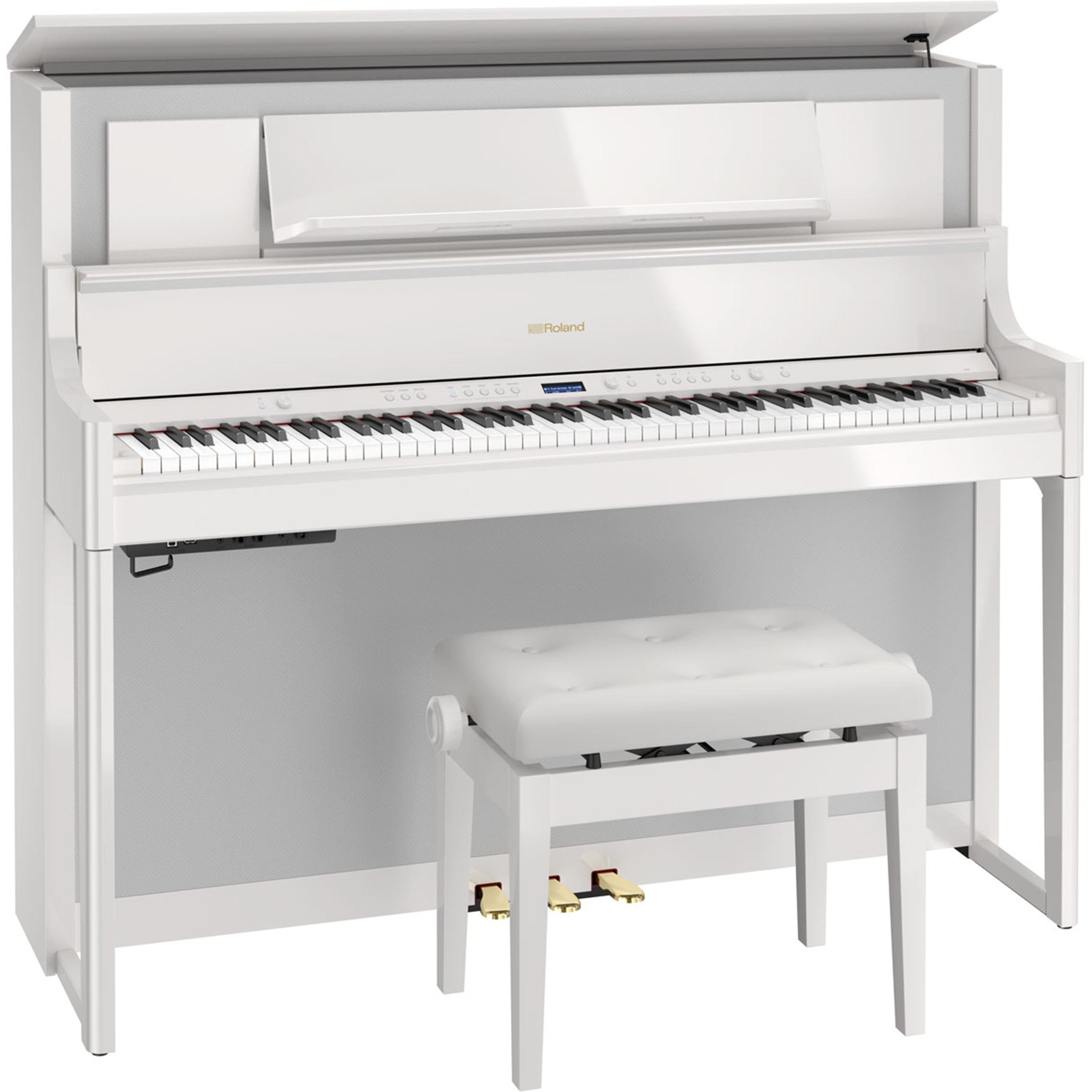 Roland LX708 Digital Piano - Polished White - right facing with bench