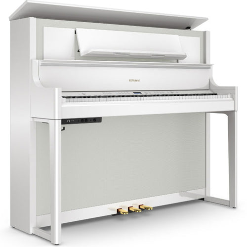 Roland LX708 Digital Piano - Polished White - right facing with top open