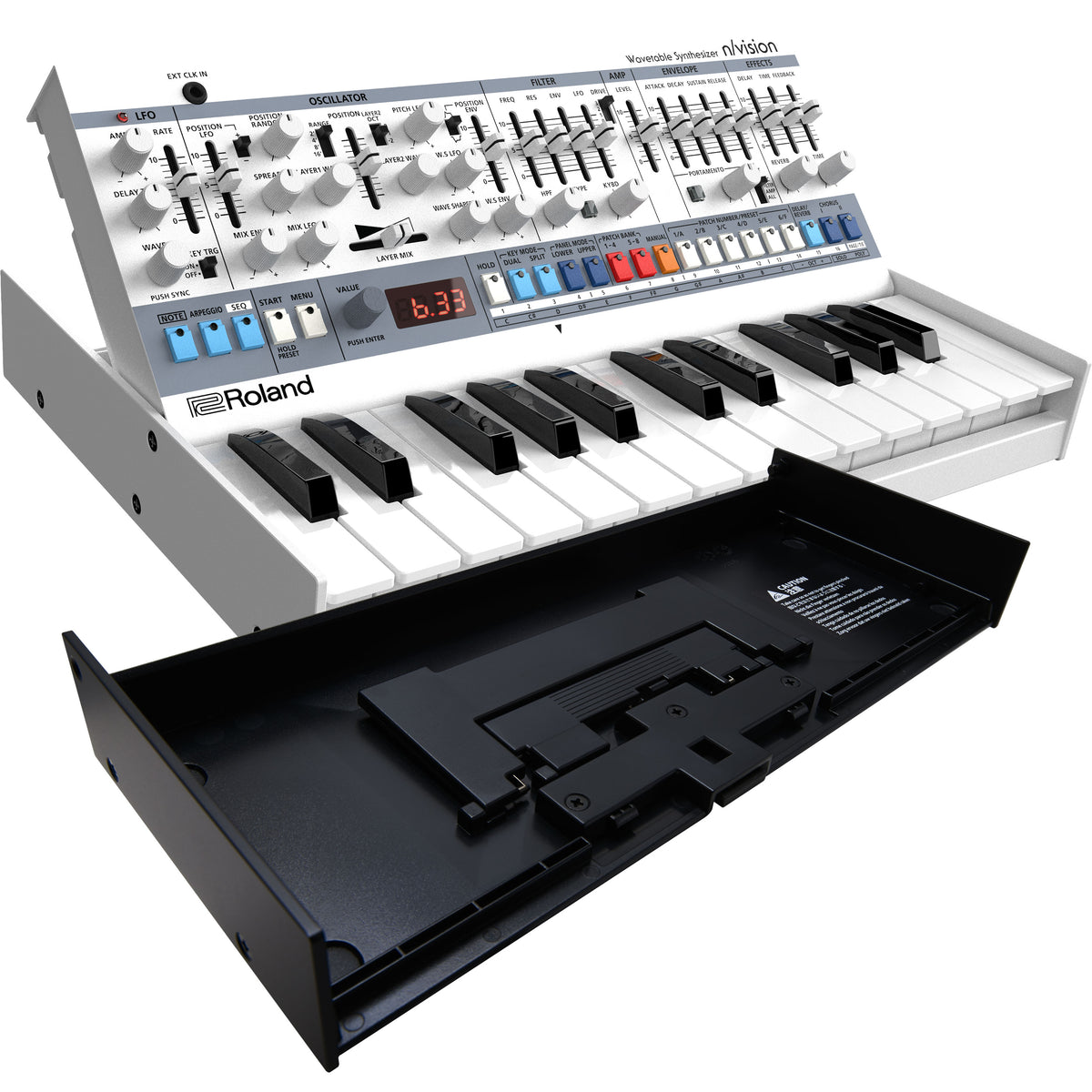 Collage showing components in Roland Boutique N/Vision Wavetable Synthesizer with DK-01 Boutique Dock
