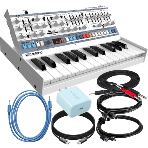 Collage showing components in Roland Boutique N/Vision Wavetable Synthesizer POWER & CABLE KIT