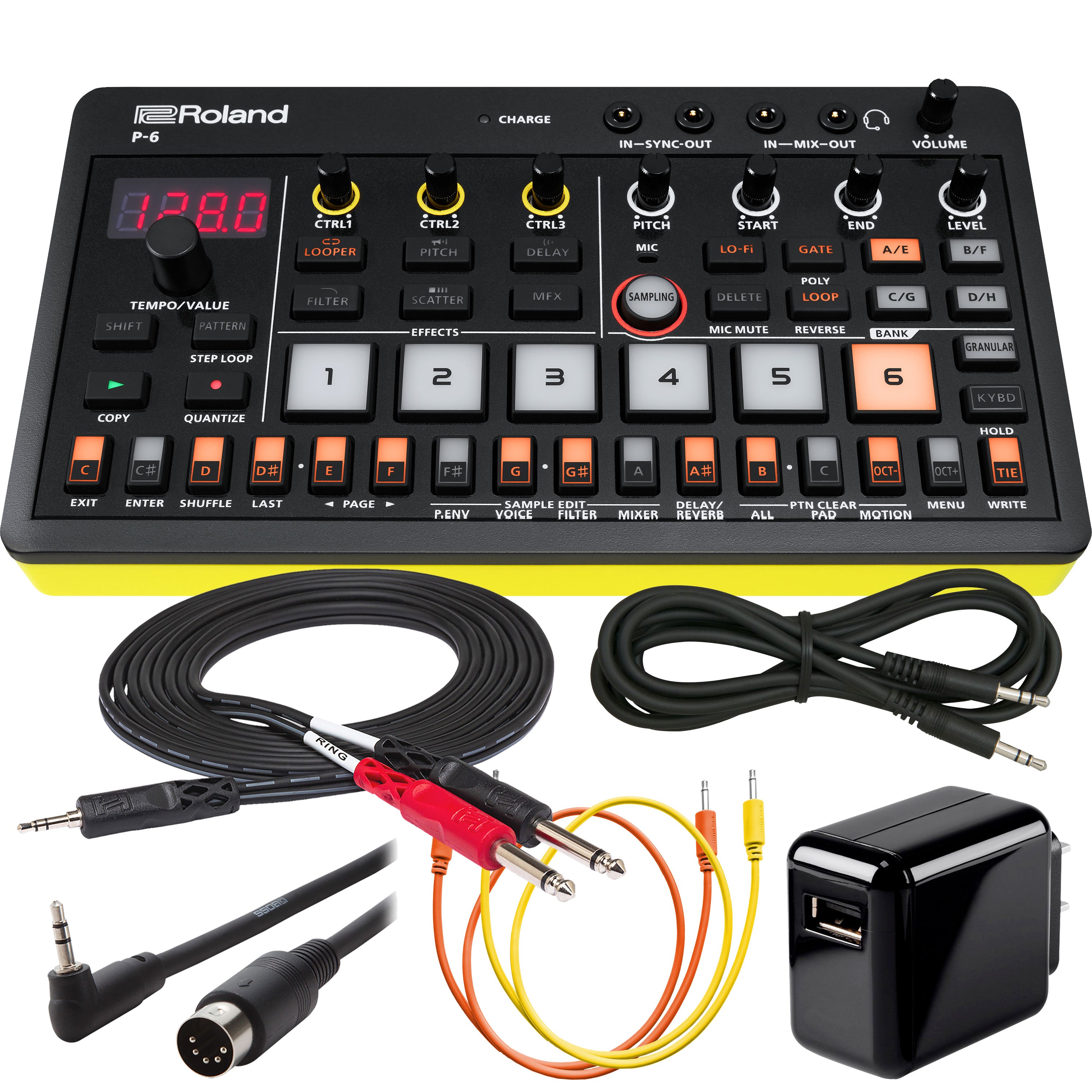 Collage showing components in Roland Aira Compact P-6 Creative Sampler POWER & CABLE KIT