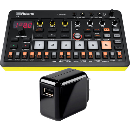 Collage showing components in Roland Aira Compact P-6 Creative Sampler POWER KIT