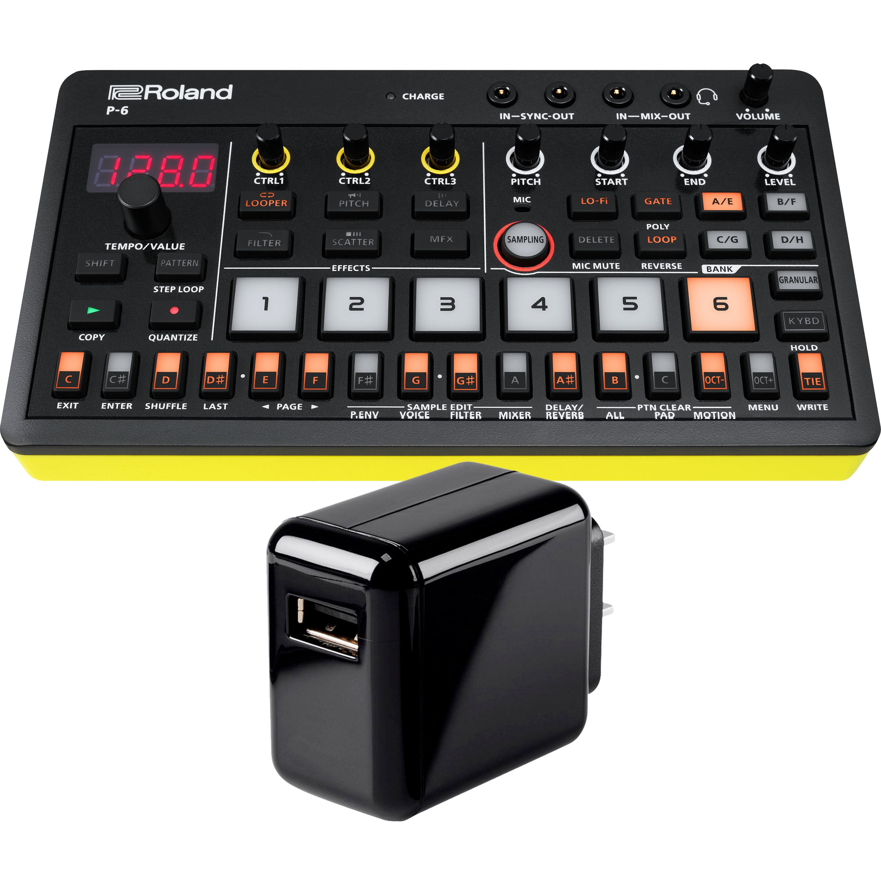 Collage showing components in Roland Aira Compact P-6 Creative Sampler POWER KIT