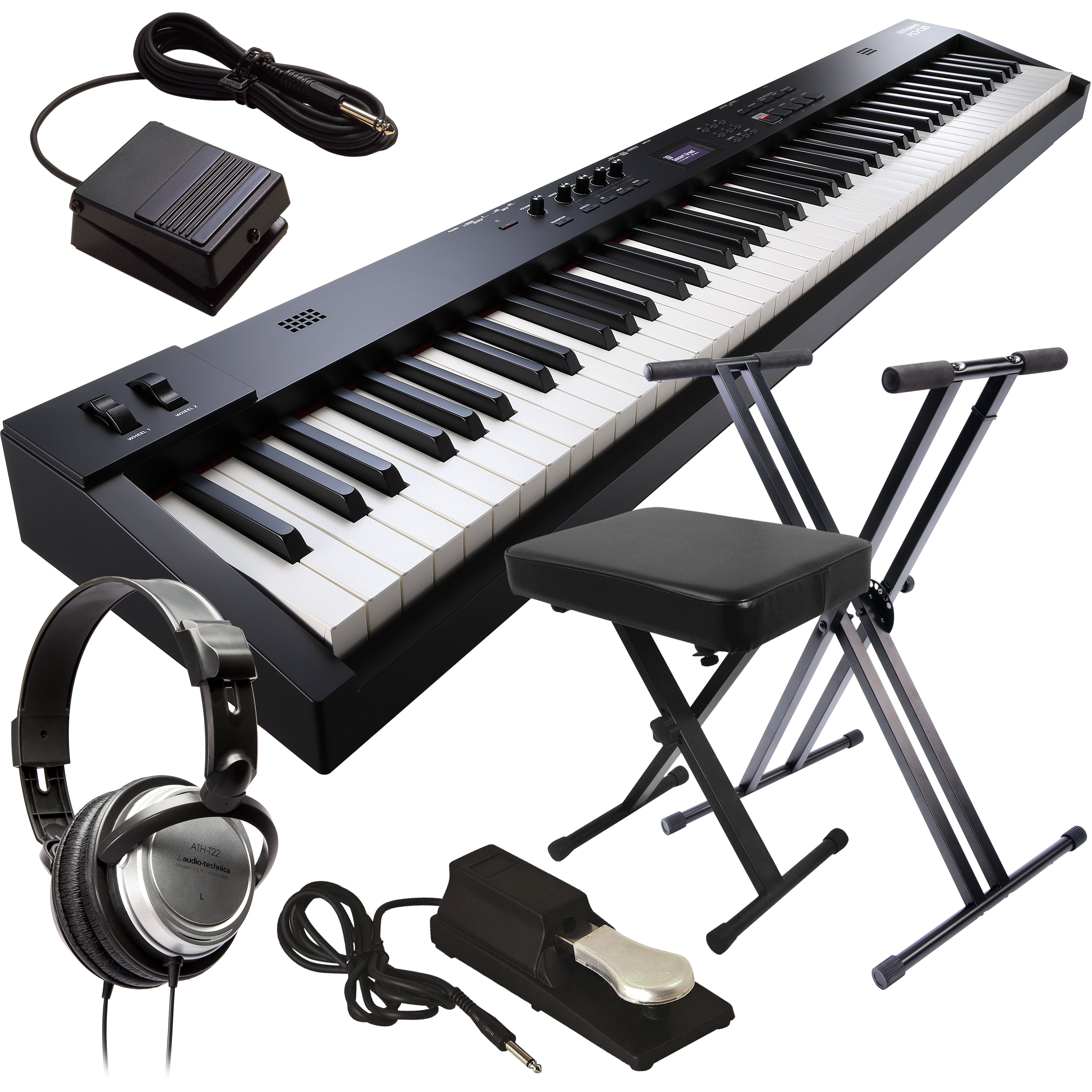 Collage image of the Roland RD-08 Stage Piano KEY ESSENTIALS BUNDLE