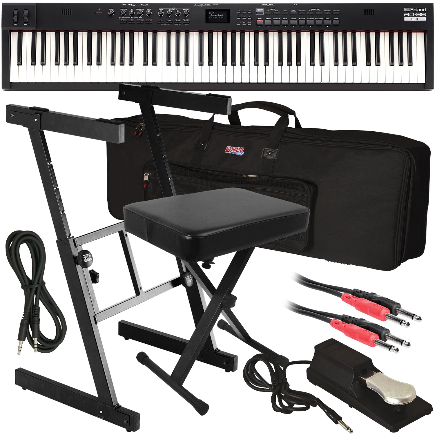 Collage of items included in the Roland RD-88 EX Stage Piano STAGE ESSENTIALS BUNDLE