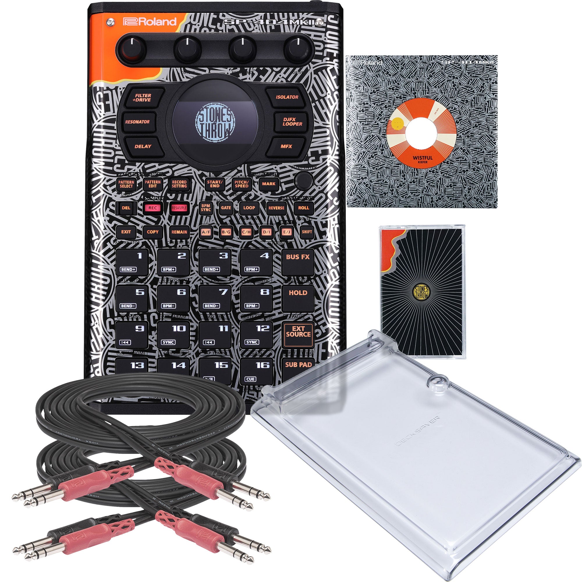 Collage showing components in Roland SP-404MKII Stones Throw Limited Edition DECKSAVER KIT