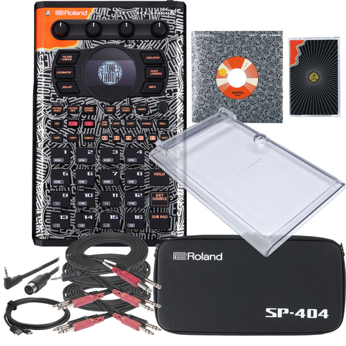 Collage showing components in Roland SP-404MKII Stones Throw Limited Edition ULTRA BUNDLE