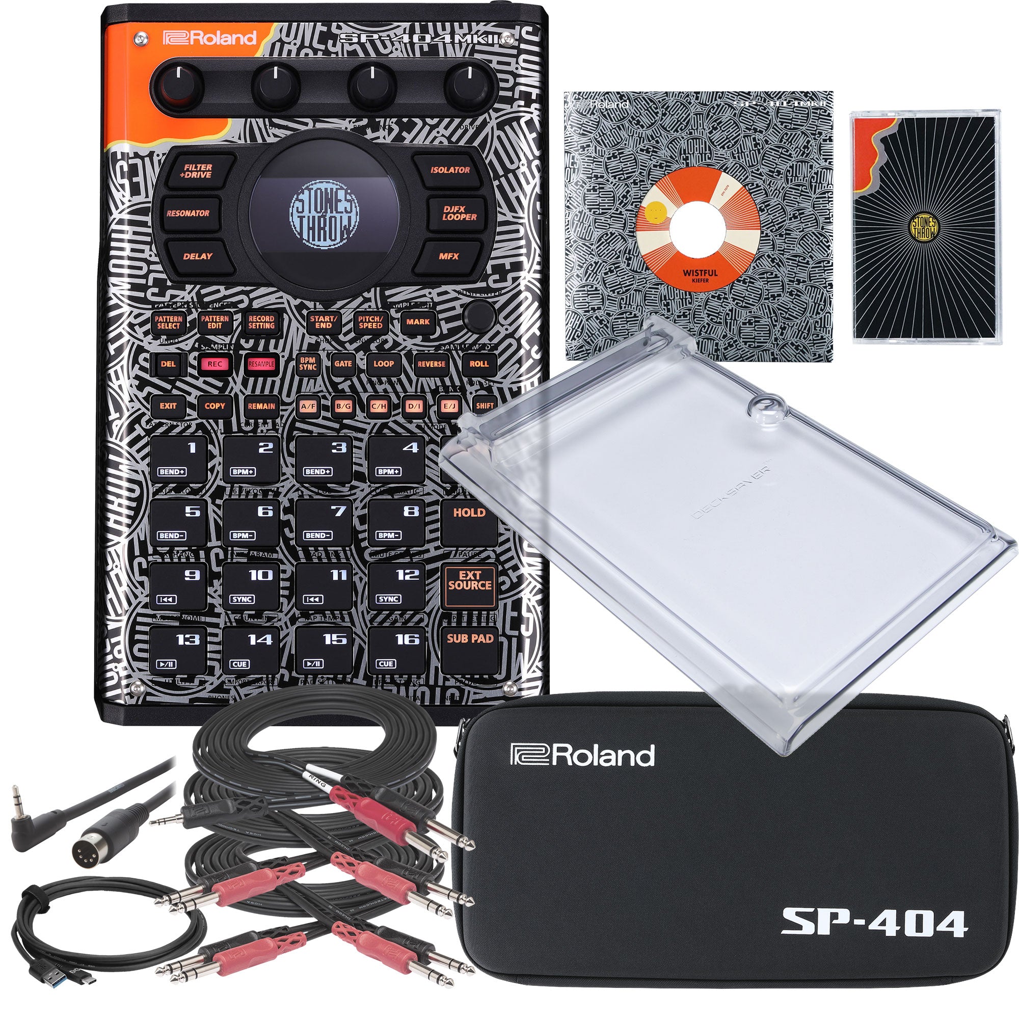 Collage showing components in Roland SP-404MKII Stones Throw Limited Edition ULTRA BUNDLE