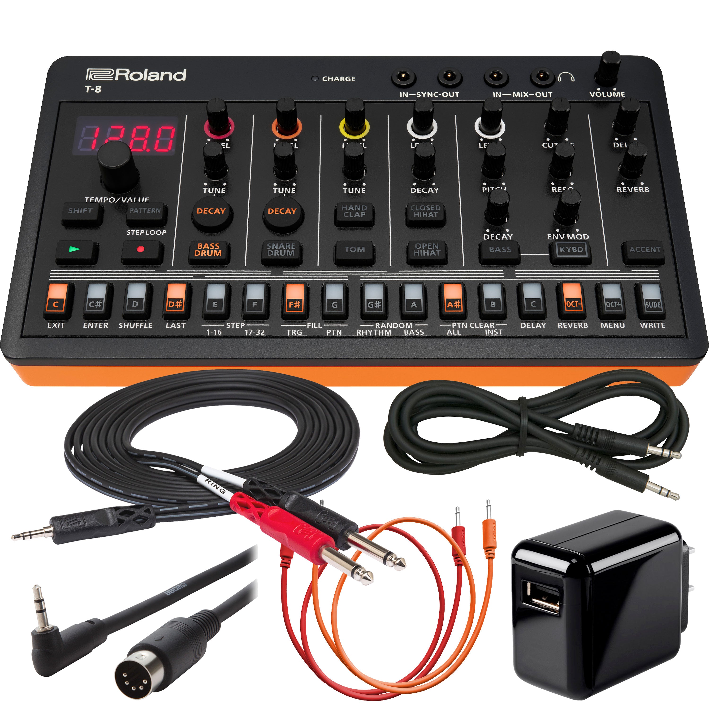 Collage showing components in Roland Aira Compact T-8 Beat Machine POWER & CABLE KIT
