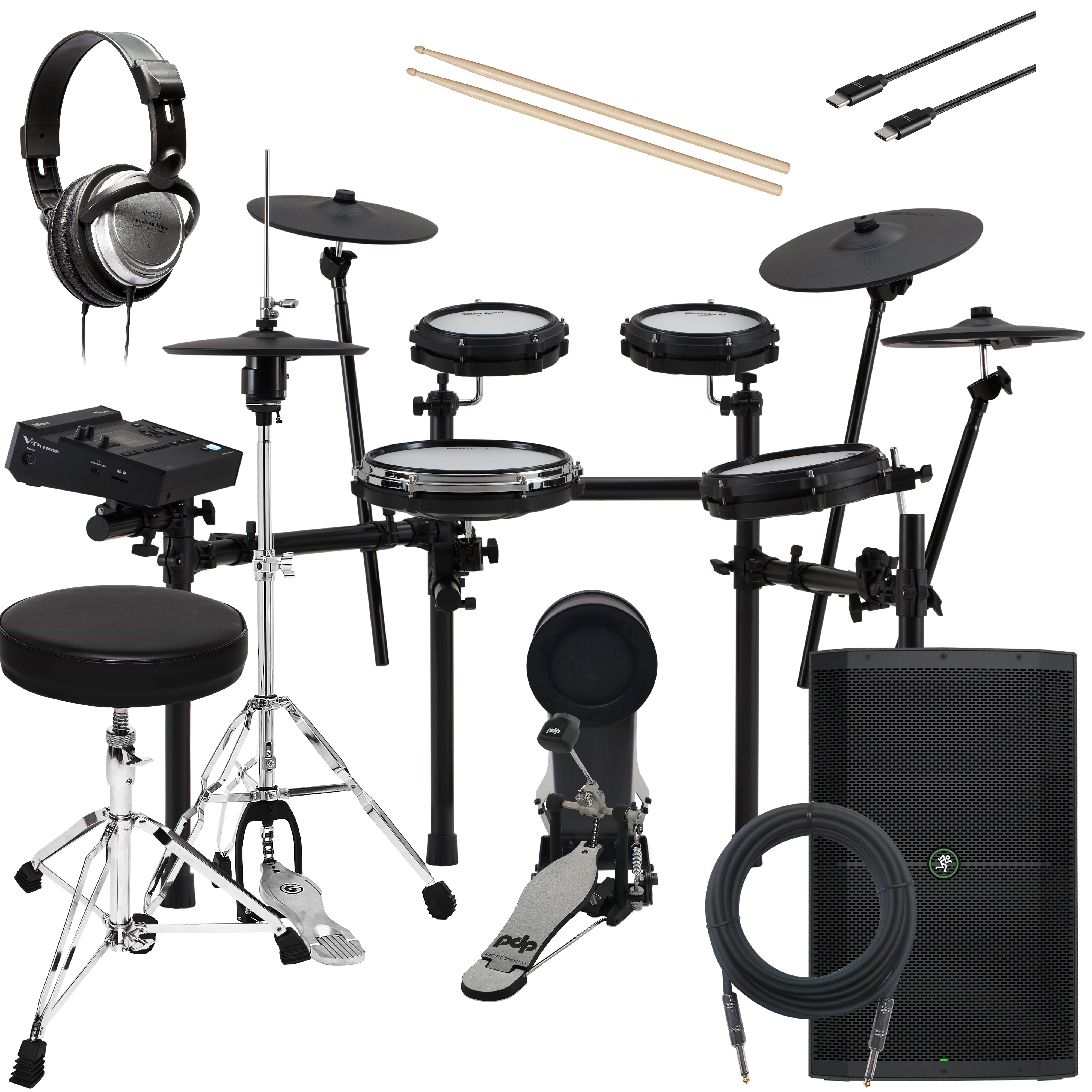 Collage of items included in the Roland V-Drums TD316 Electronic Drum Set COMPLETE DRUM BUNDLE