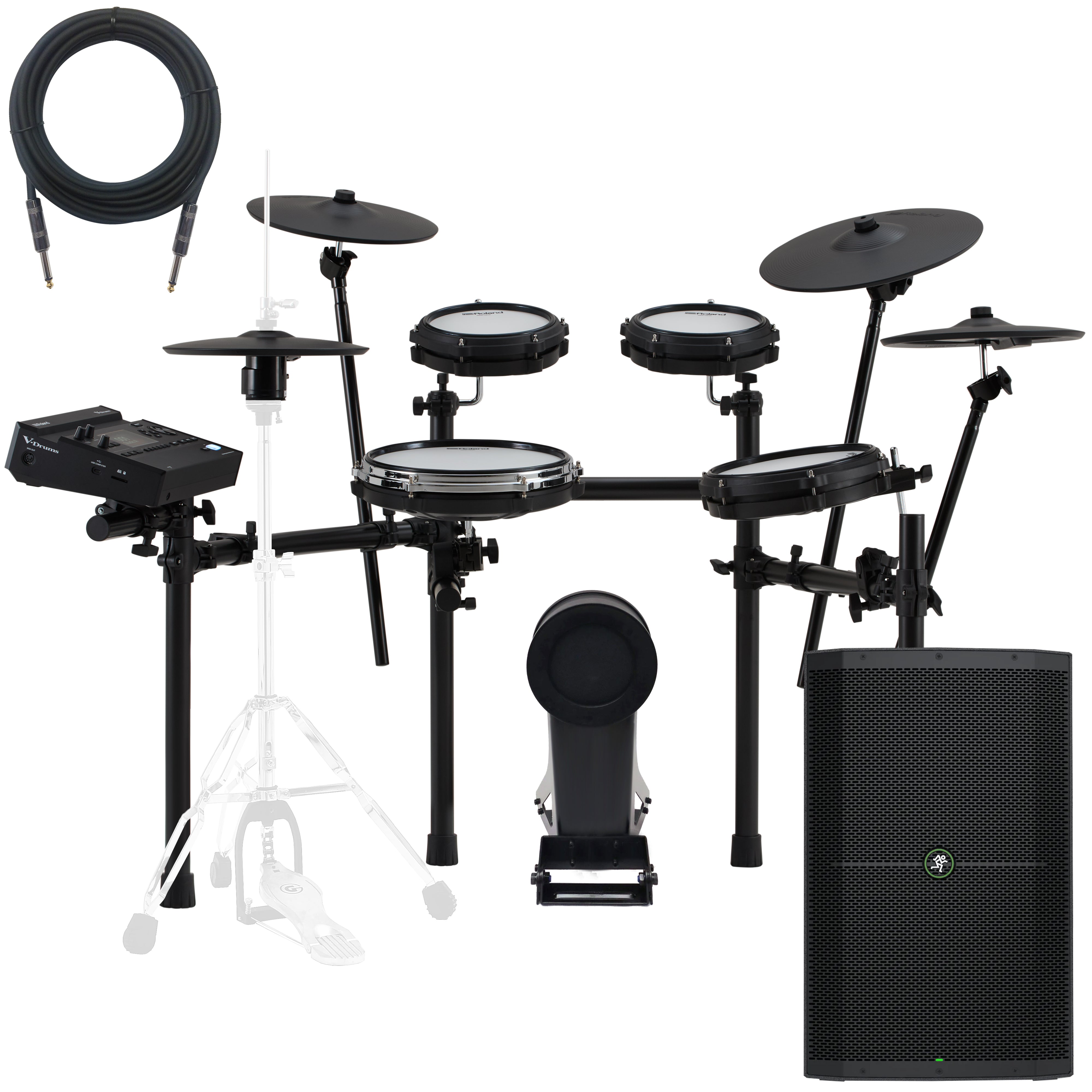 Collage of items included in the Roland V-Drums TD316 Electronic Drum Set MONITOR KIT