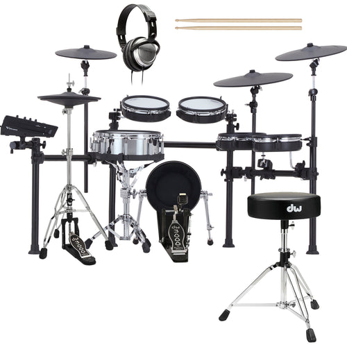 Collage of items included in the Roland TD713 V-Drums Electronic Drum Set DRUM ESSENTIALS BUNDLE