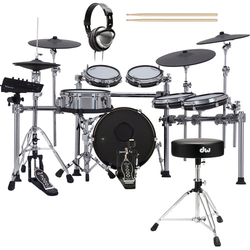 Collage of items included in the Roland TD716 V-Drums Electronic Drum Set DRUM ESSENTIALS BUNDLE