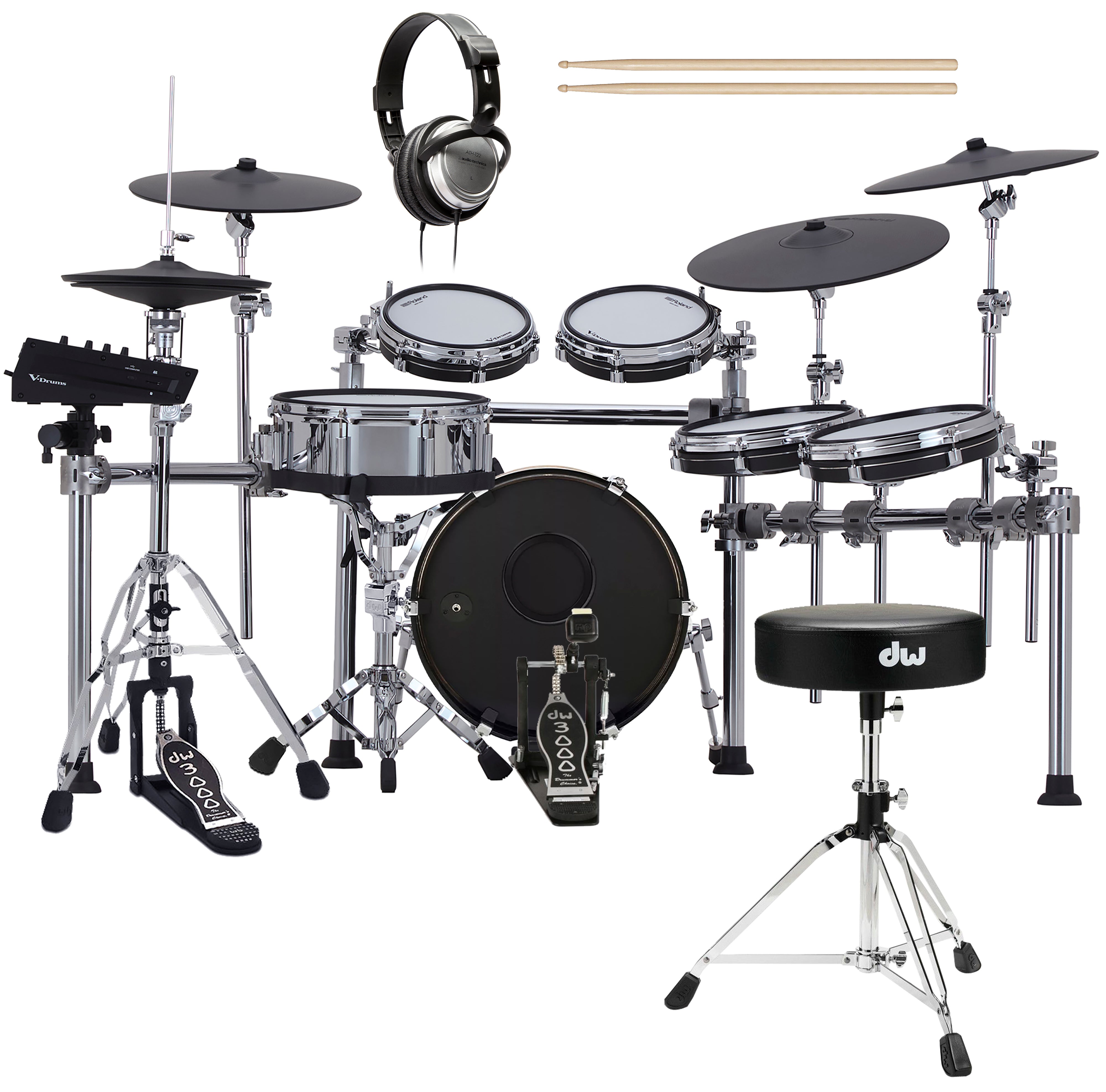 Collage of items included in the Roland TD716 V-Drums Electronic Drum Set DRUM ESSENTIALS BUNDLE