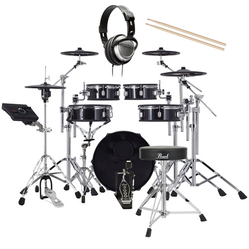 Collage of the Roland VAD307 V-Drums Acoustic Design 5pc Kit DRUM ESSENTIALS BUNDLE showing included components
