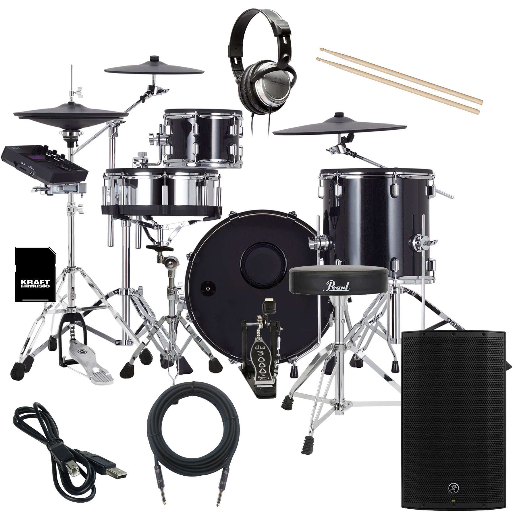 Collage of the Roland VAD504 V-Drums Acoustic Design 4pc Kit COMPLETE DRUM BUNDLE showing included components