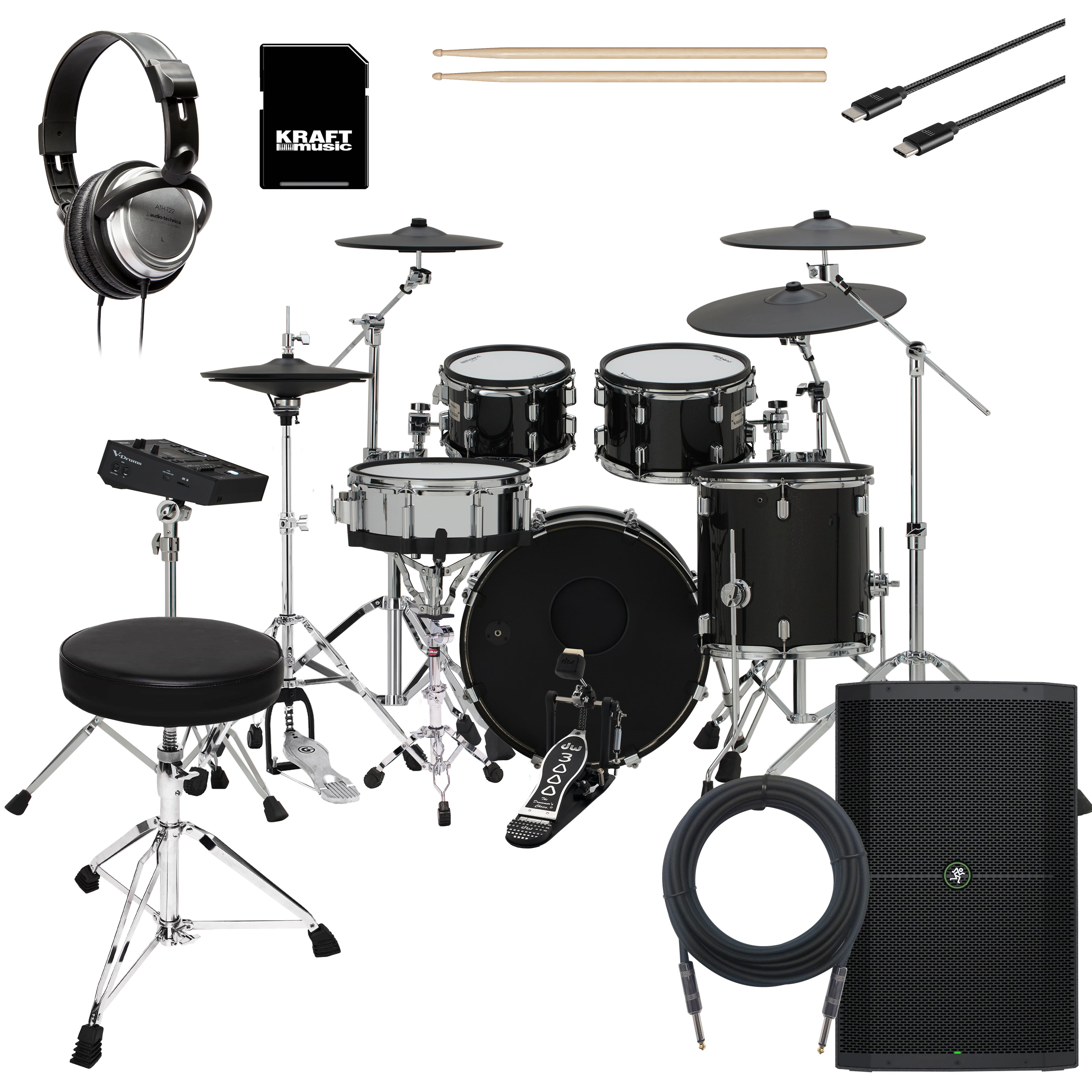 Collage of items included in the Roland V-Drums VAD516 Electronic Drum Set COMPLETE DRUM BUNDLE