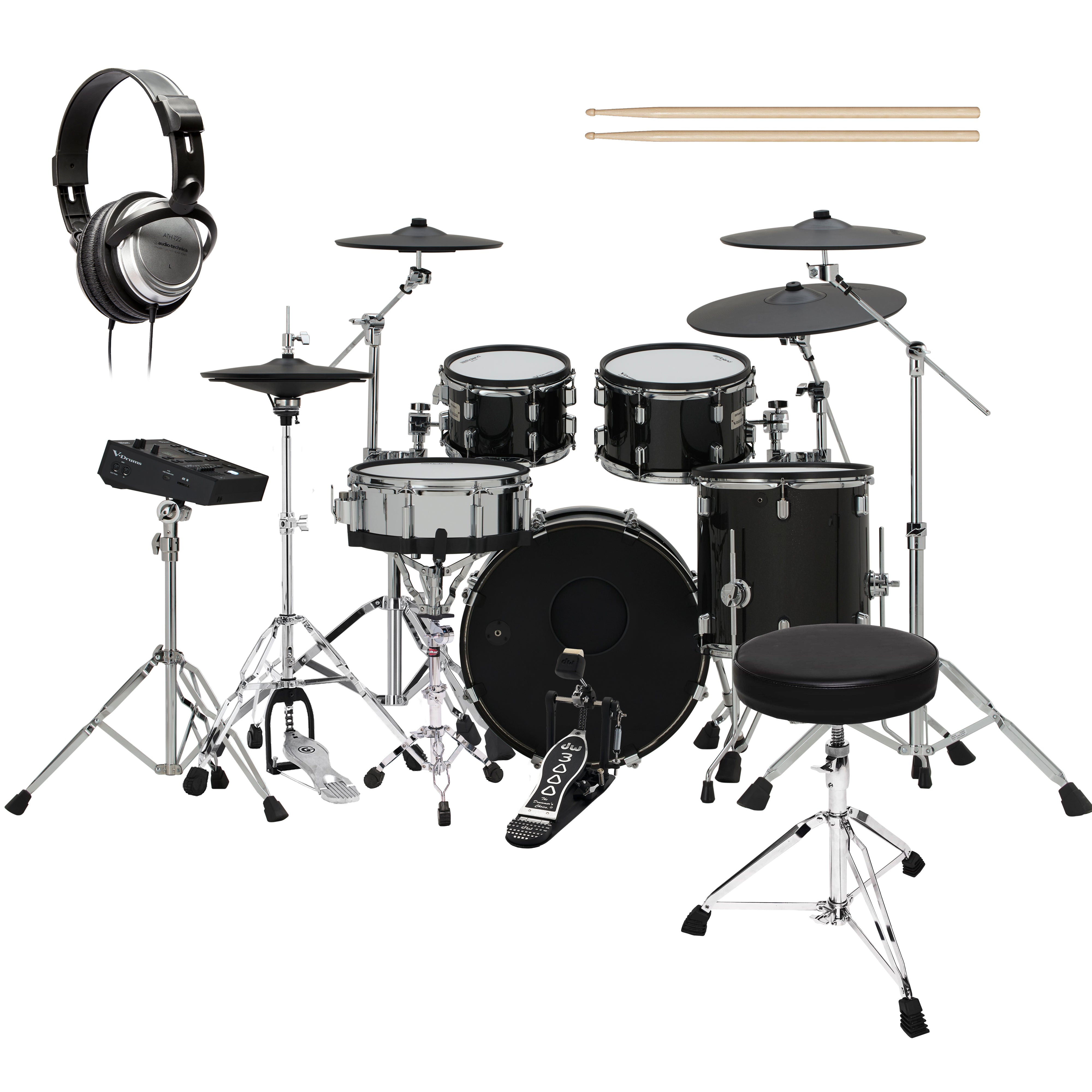 Collage of items included in the Roland V-Drums VAD516 Electronic Drum Set DRUM ESSENTIALS BUNDLERoland V-Drums VAD516 Electronic Drum Set DRUM ESSENTIALS BUNDLE