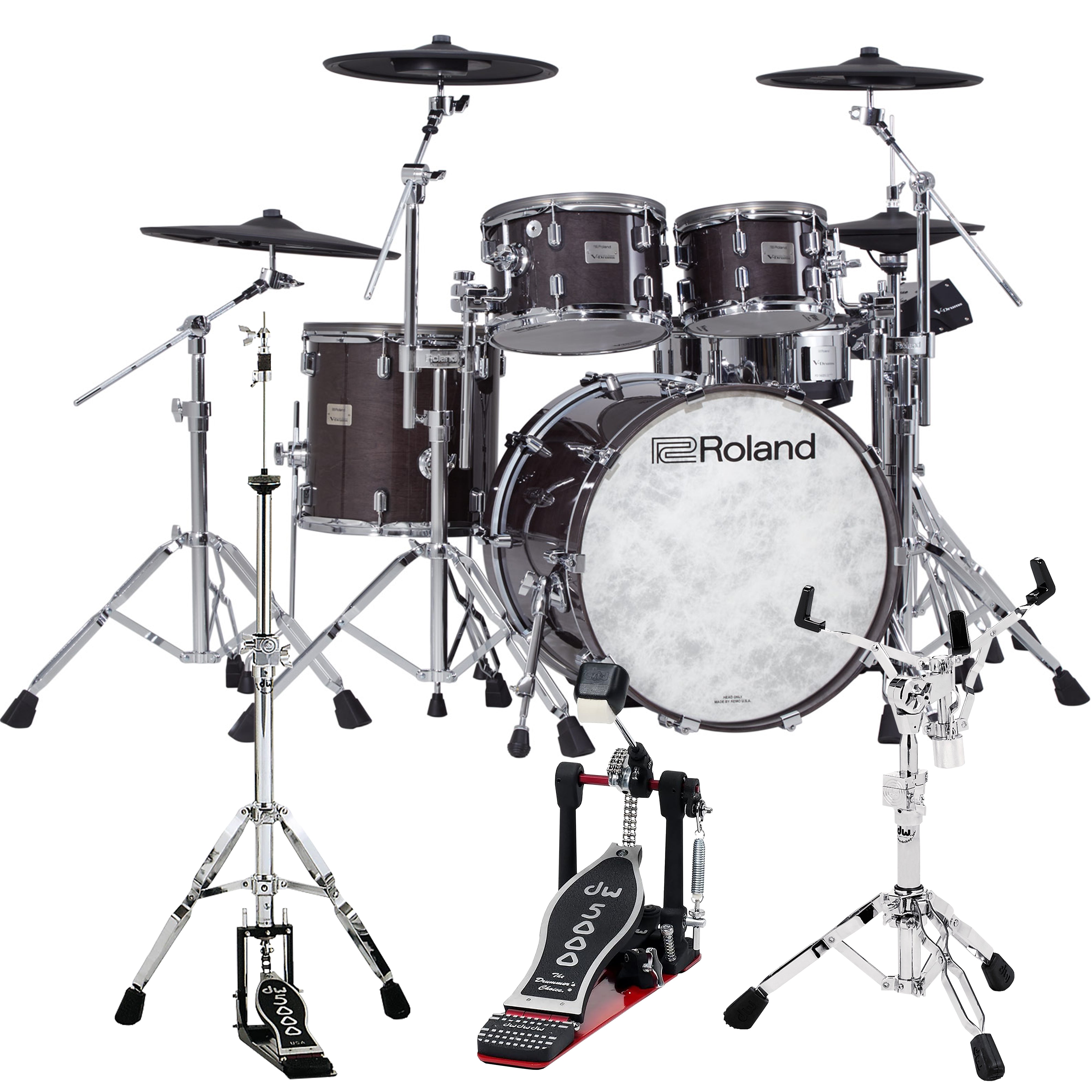 Perspective view of Roland VAD706 V-Drums Acoustic Design 5pc Electronic Drum Set - Gloss Ebony showing front and left side. DW 5000 series pedal, and snare and hi-hat stands are featured.