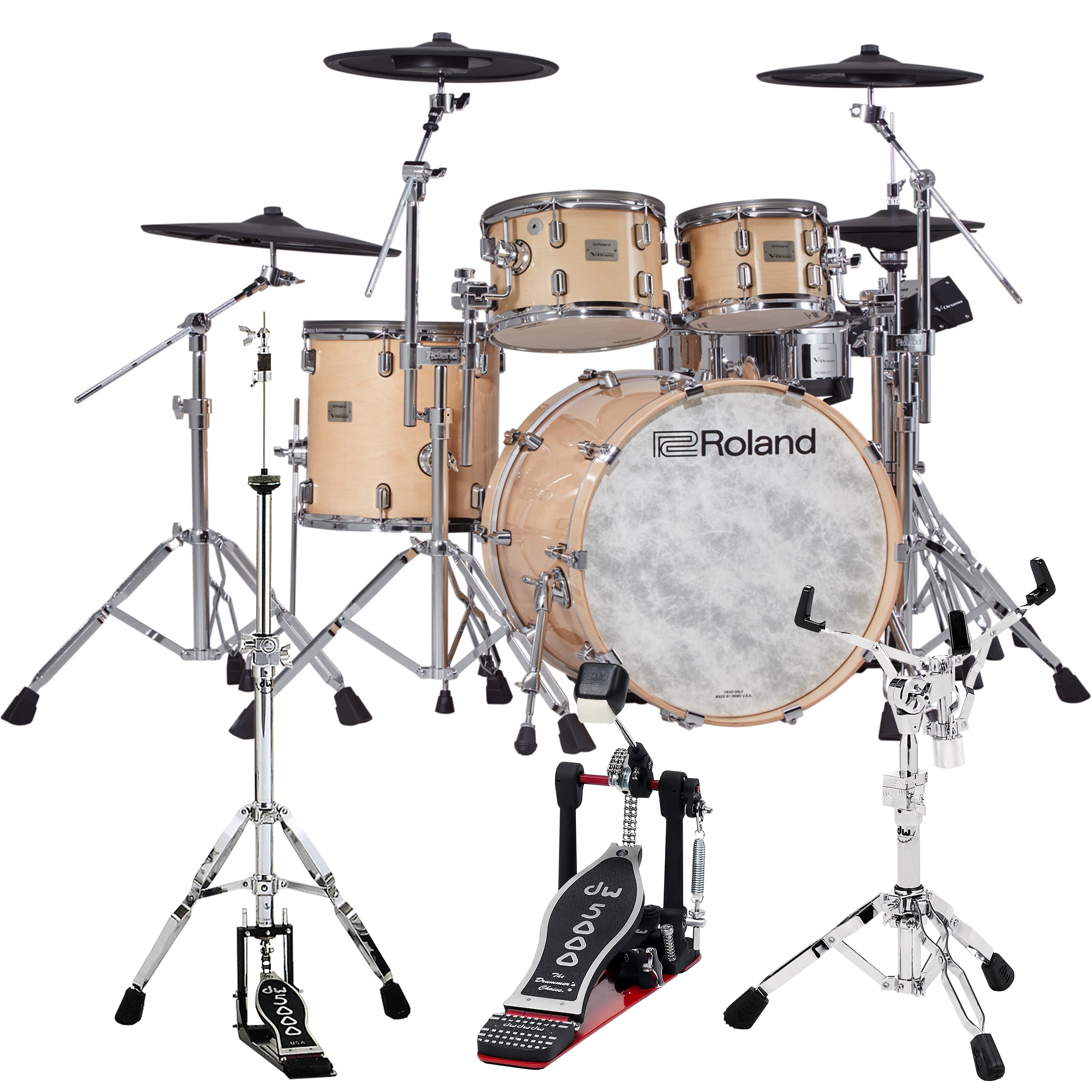 Perspective view of Roland VAD706 V-Drums Acoustic Design 5pc Electronic Drum Set - Gloss Natural showing front and left side. DW 5000 series pedal, and hi-hat and snare stands are featured.