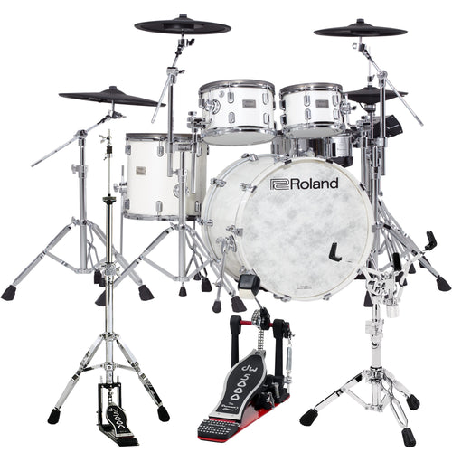 Perspective view of Roland VAD706 V-Drums Acoustic Design 5pc Electronic Drum Set - Pearl White showing front and left side and featuring DW 5000 series pedal and hi-hat and snare stands