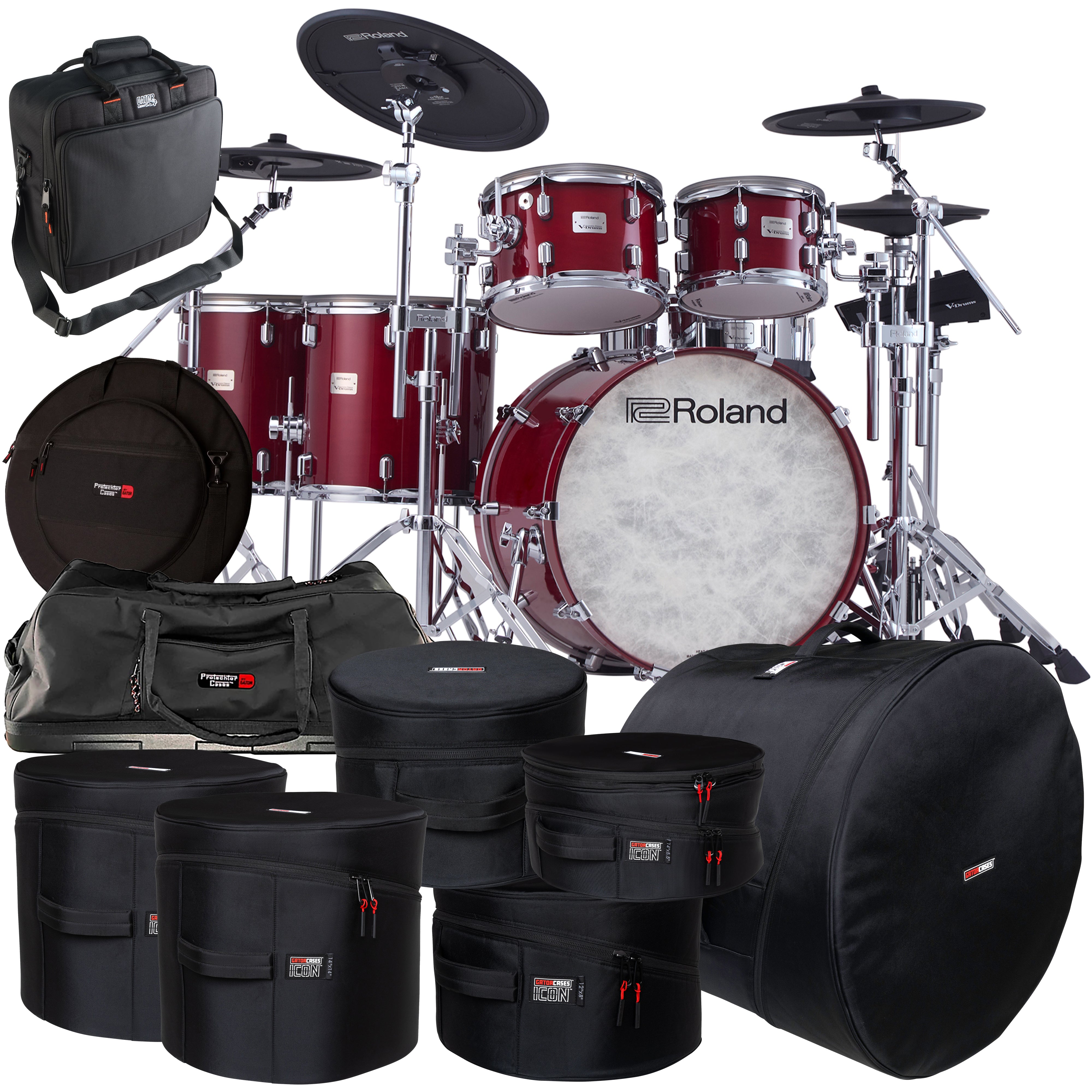Collage of items included in the Roland VAD-716 V-Drums Electronic Drum Set - Gloss Cherry CARRY BAG KIT