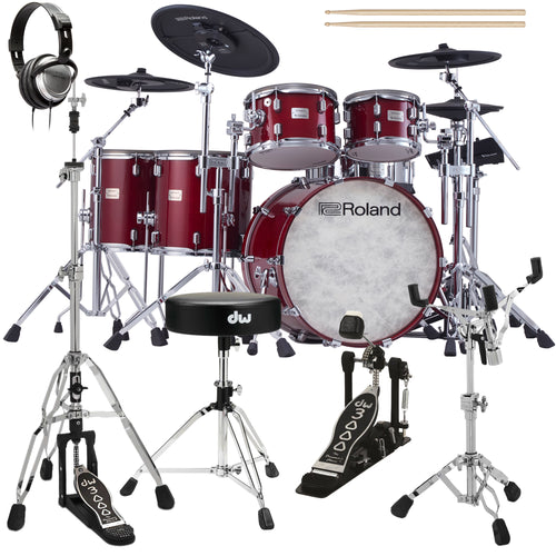 Collage of items included in the Roland VAD-716 V-Drums Electronic Drum Set - Gloss Cherry DRUM ESSENTIALS BUNDLE