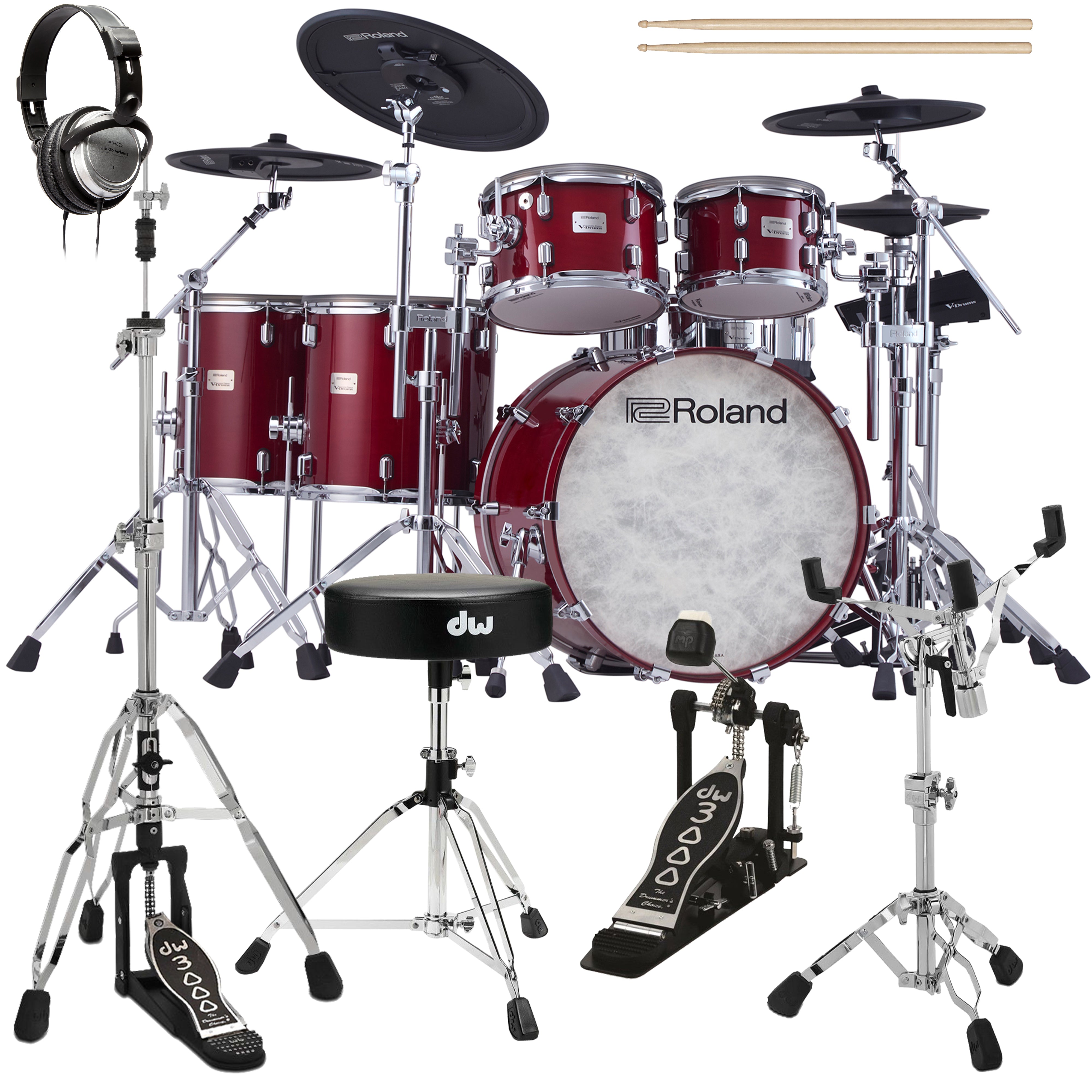 Collage of items included in the Roland VAD-716 V-Drums Electronic Drum Set - Gloss Cherry DRUM ESSENTIALS BUNDLE