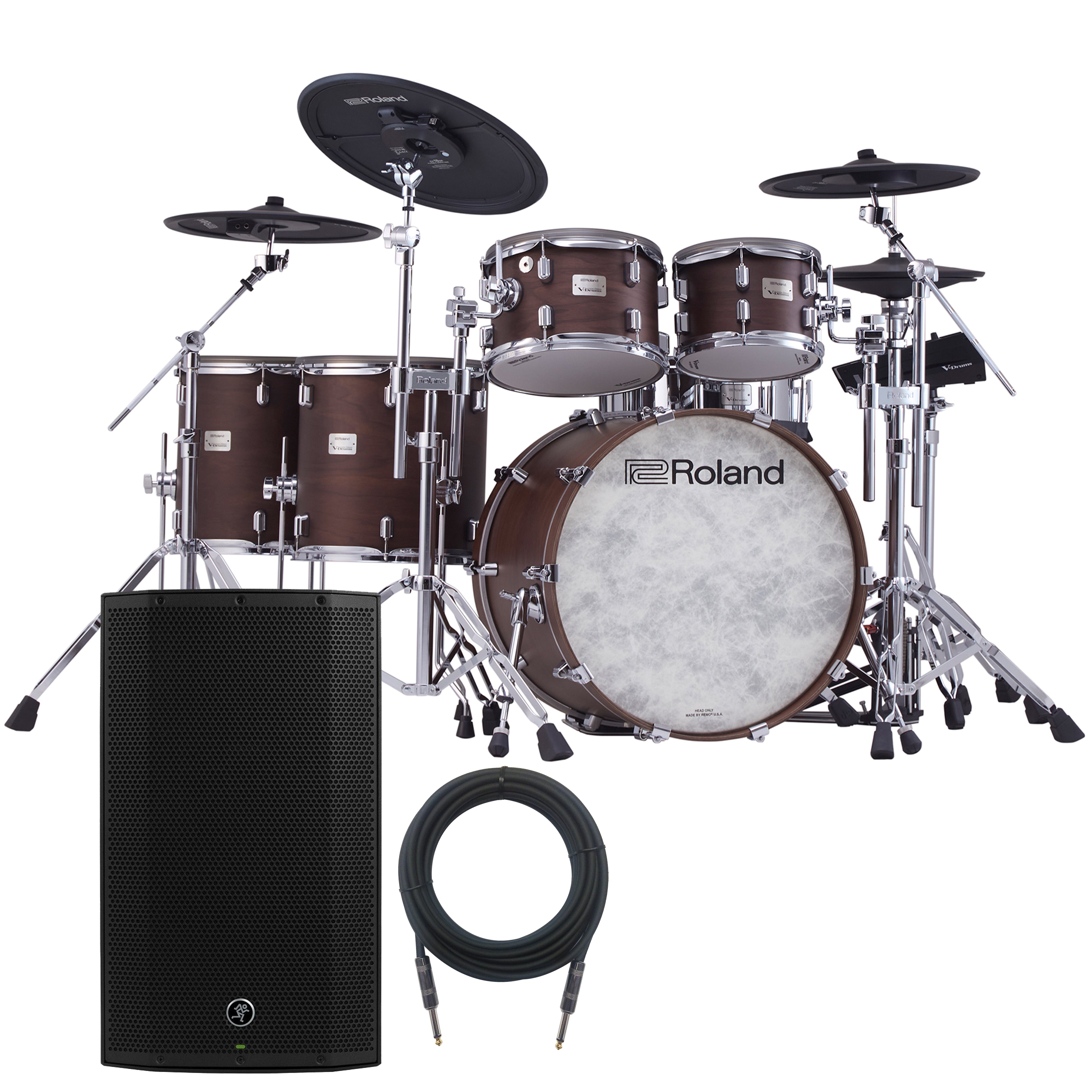 Collage of items included in the Roland VAD-716 V-Drums Electronic Drum Set - Satin Walnut MONITOR KIT