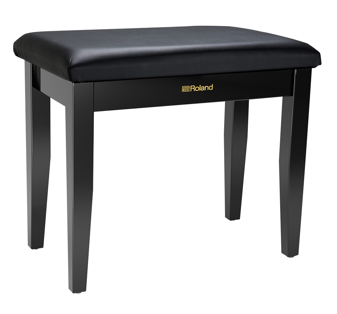 Black piano bench with a gold roland logo on a white background