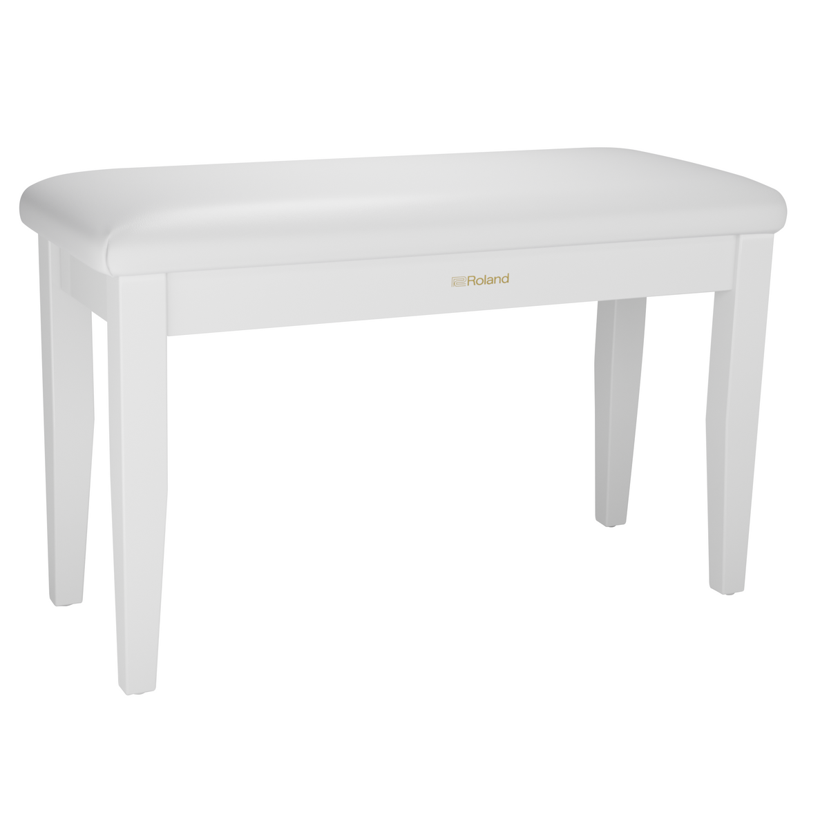 glossy white piano bench with a gold roland logo on a white background