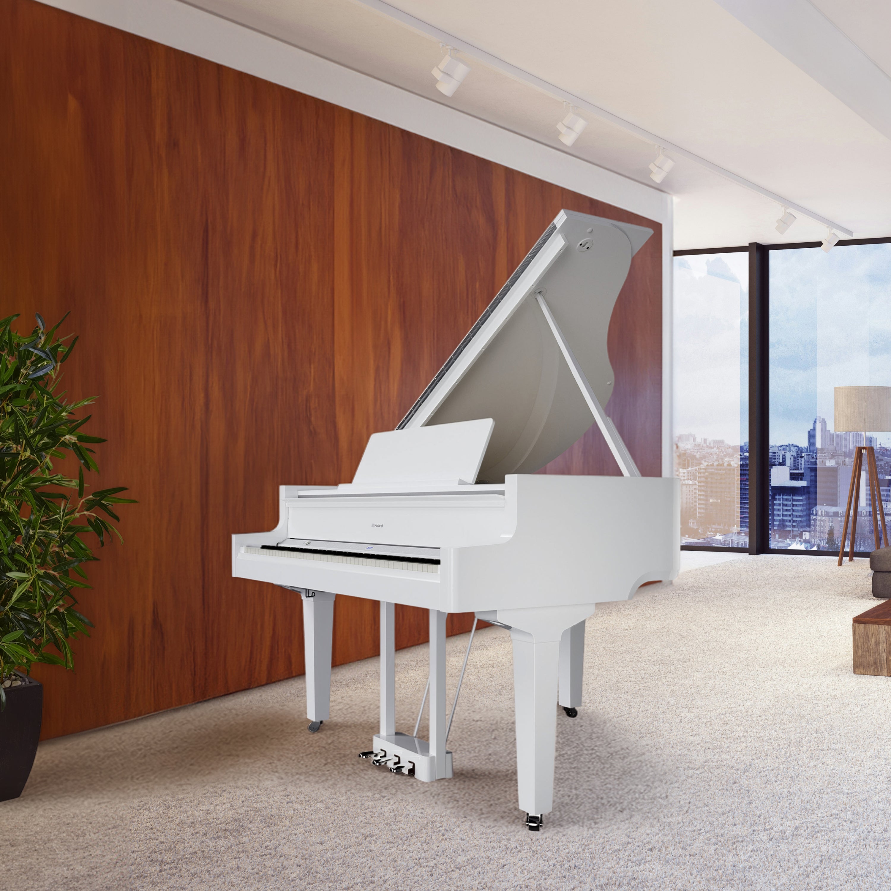 Roland GP-9 Digital Grand Piano - Polished White in a room with large windows and a cityscape view