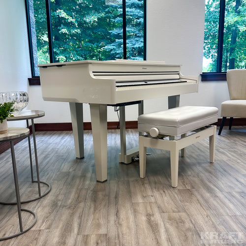 Roland GP-6 Digital Grand Piano - Polished White - right angle from below with lid closed and music rest down