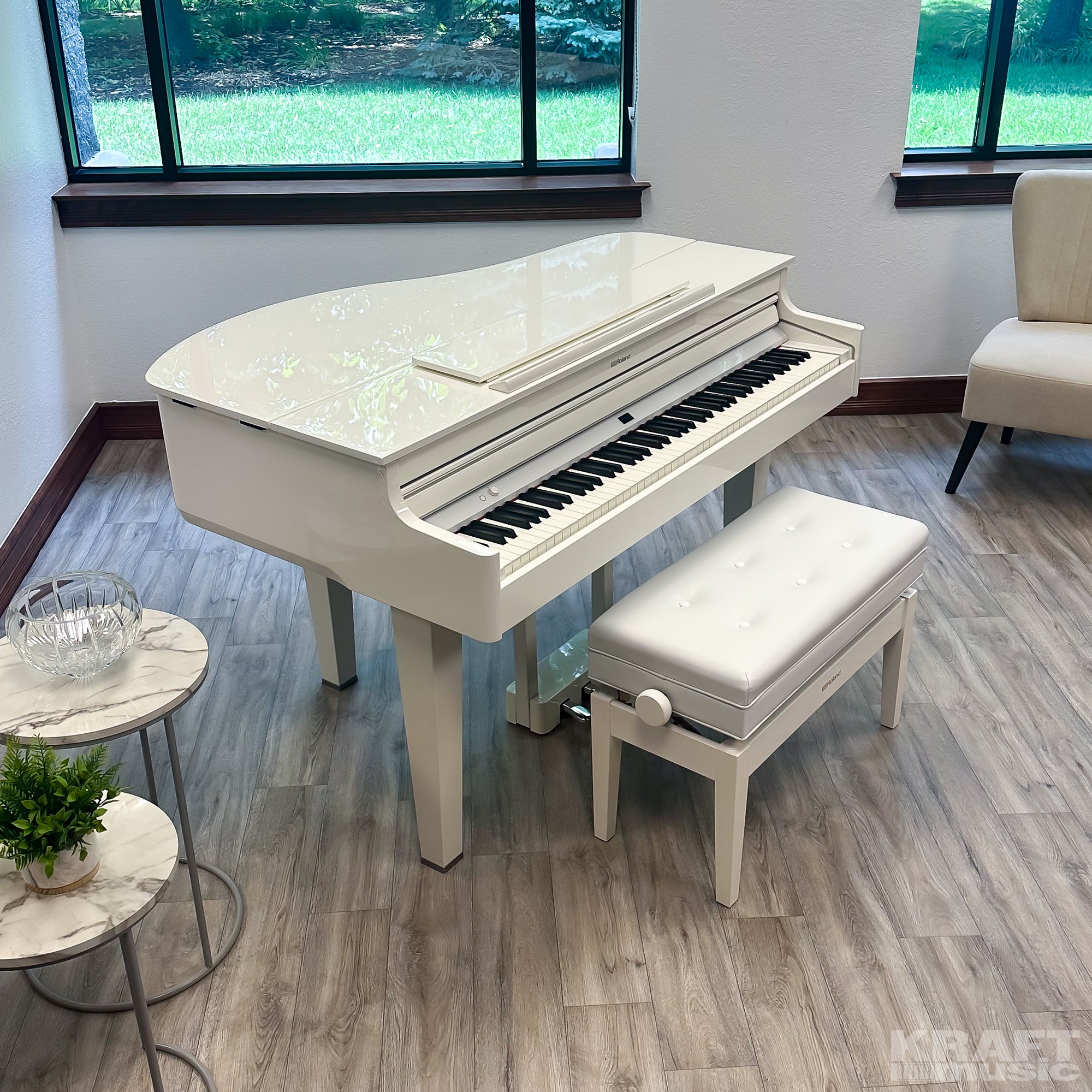 Roland GP-6 Digital Grand Piano - Polished White - right angle from above with lid closed and music rest down