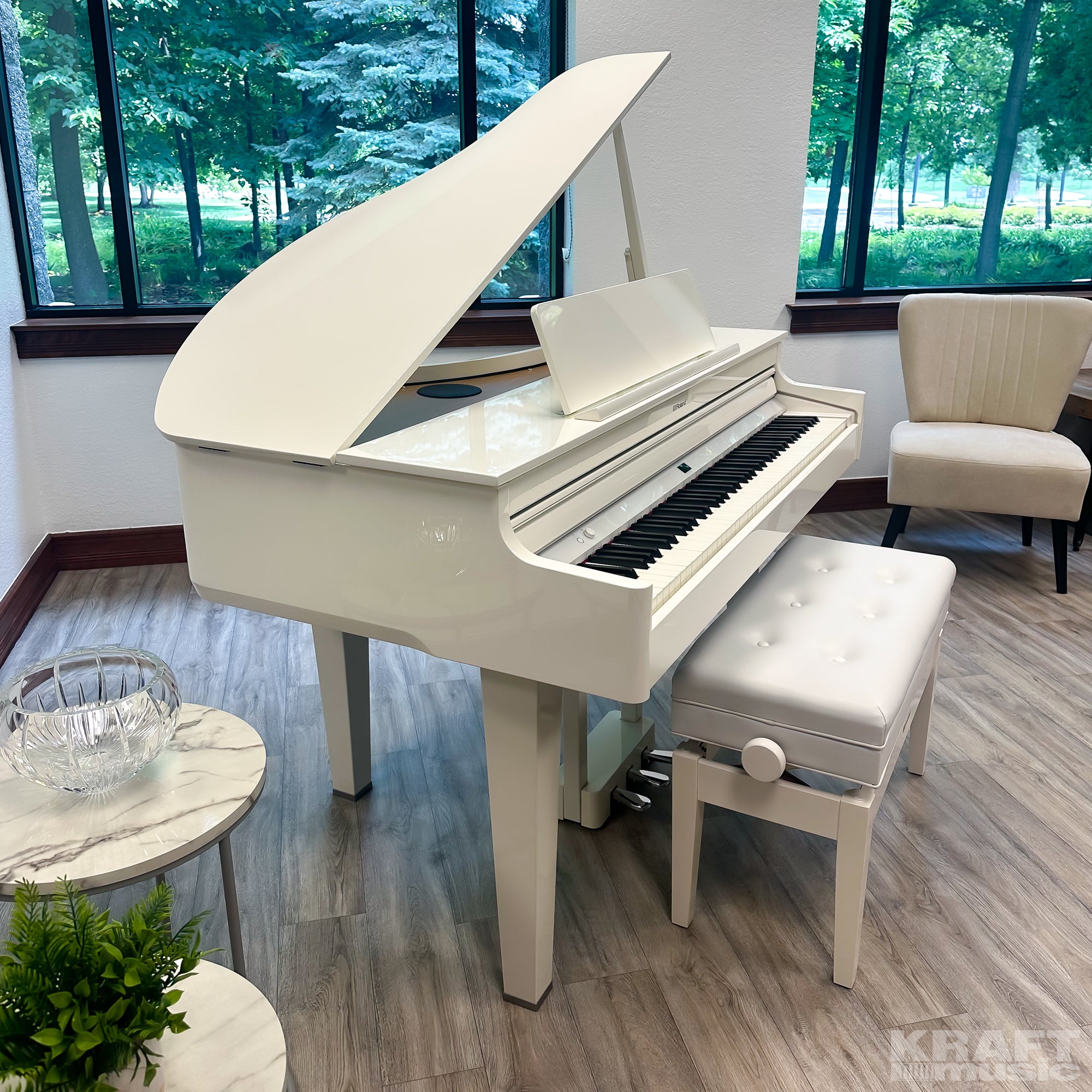 Roland GP-6 Digital Grand Piano - Polished White - right angle with lid up in a stylish music room