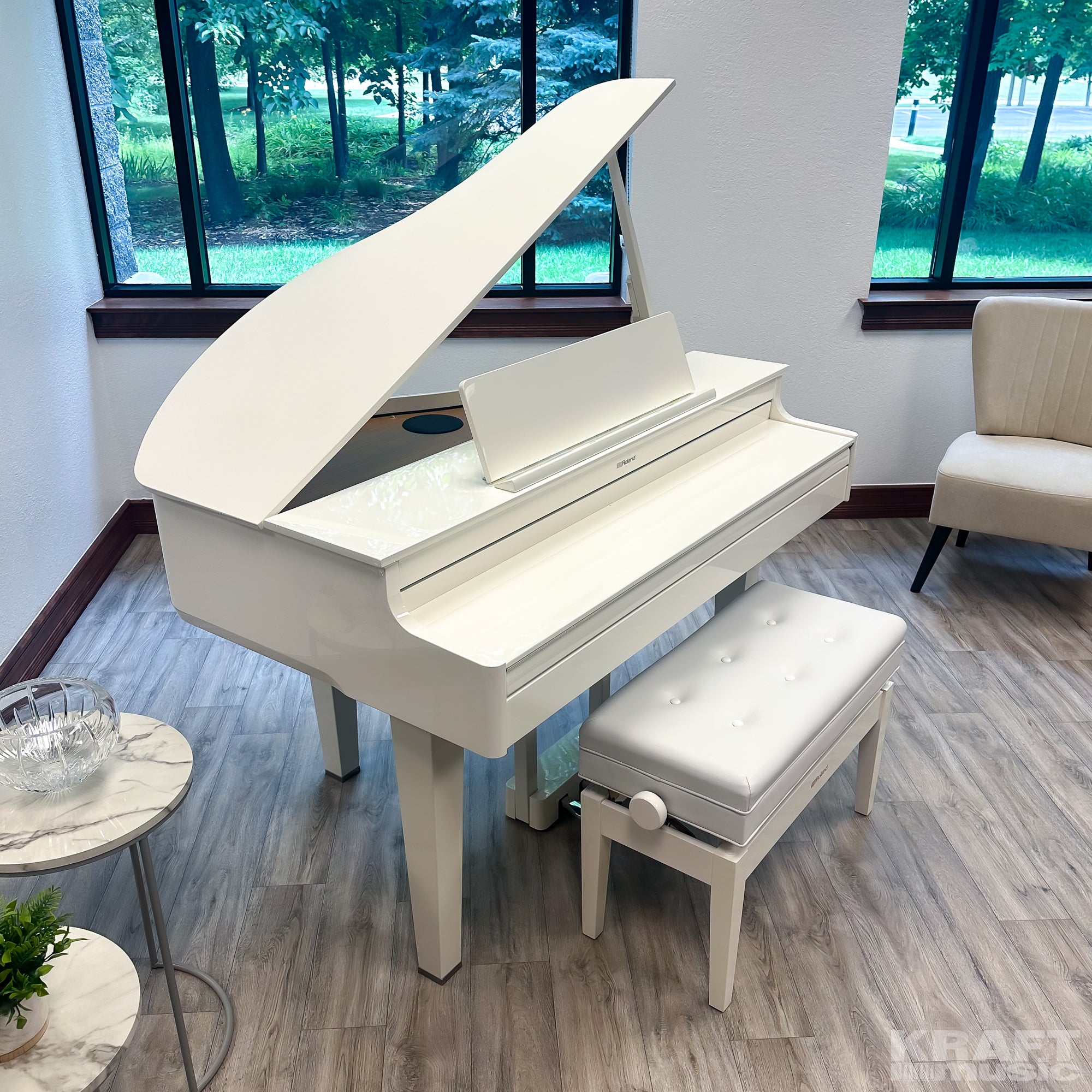 Roland GP-6 Digital Grand Piano - Polished White - right angle from above with key cover closed