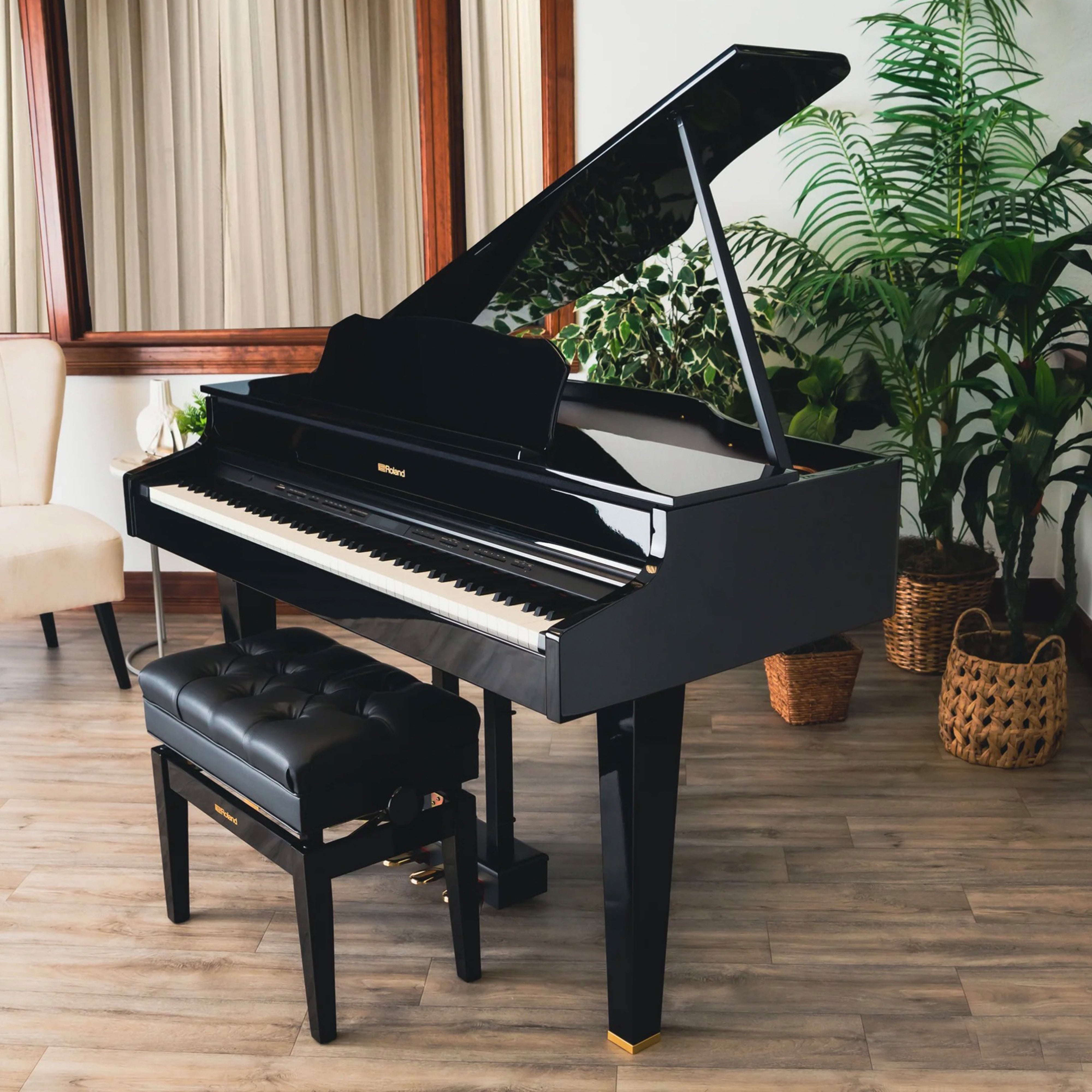 Roland GP607 Digital Grand Piano - Polished Ebony - in a stylish music room
