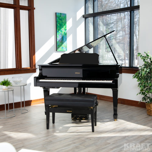 Roland GP609 Digital Grand Piano - Polished Ebony - front view in a music hall