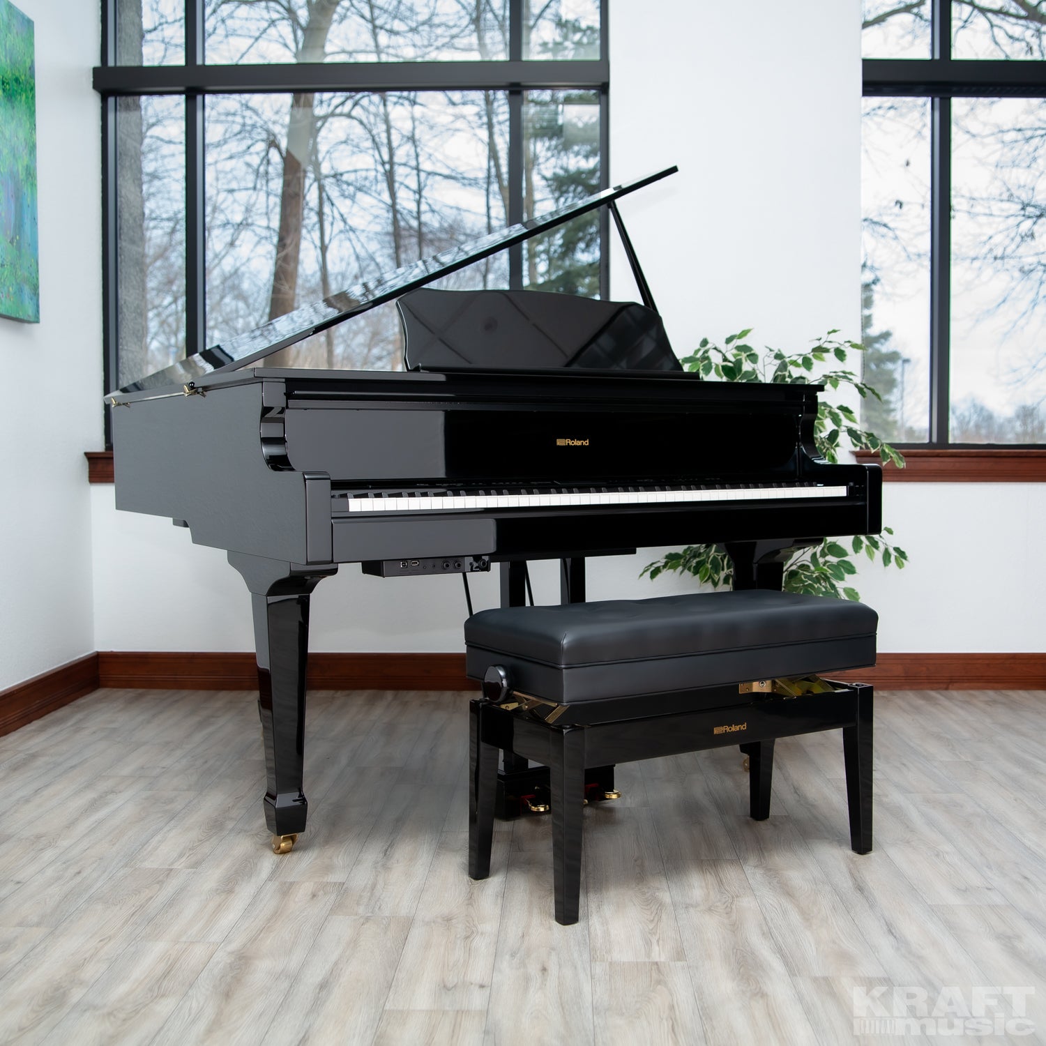 xRoland GP609 Digital Grand Piano - Polished Ebony - right angle in a music hall