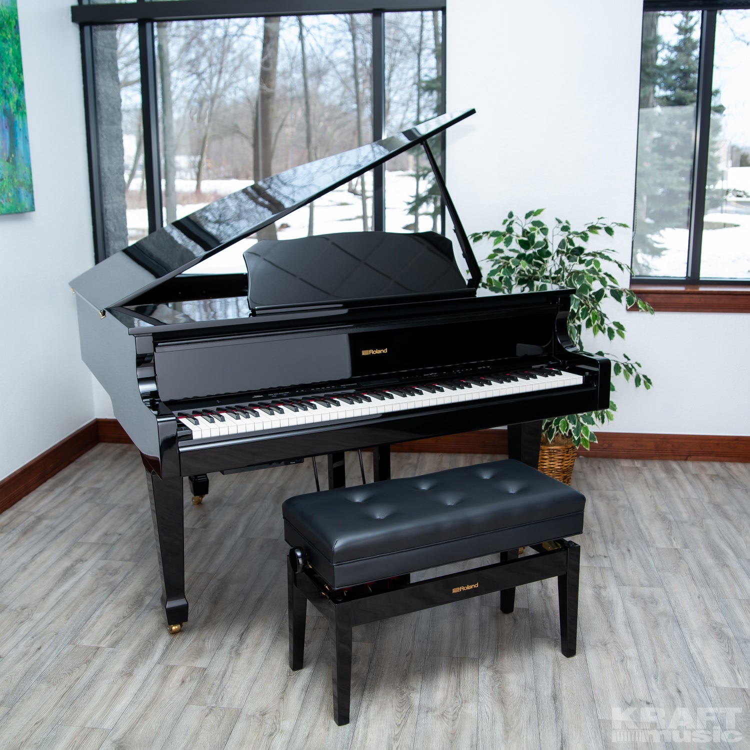 Roland GP609 Digital Grand Piano - Polished Ebony - with a winter scene outside