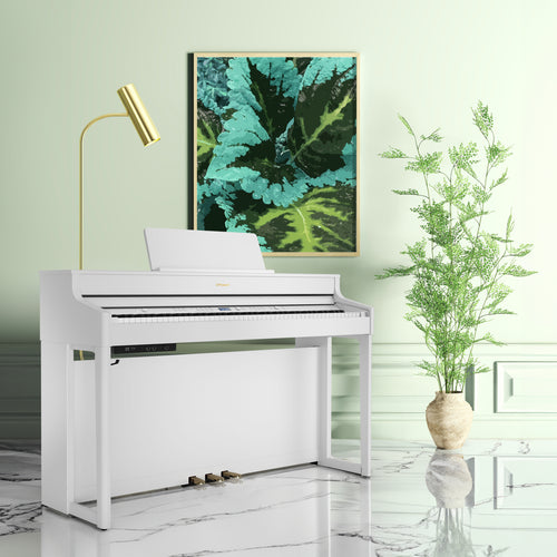 Roland HP702 Digital Piano - Satin White - in a stylish room