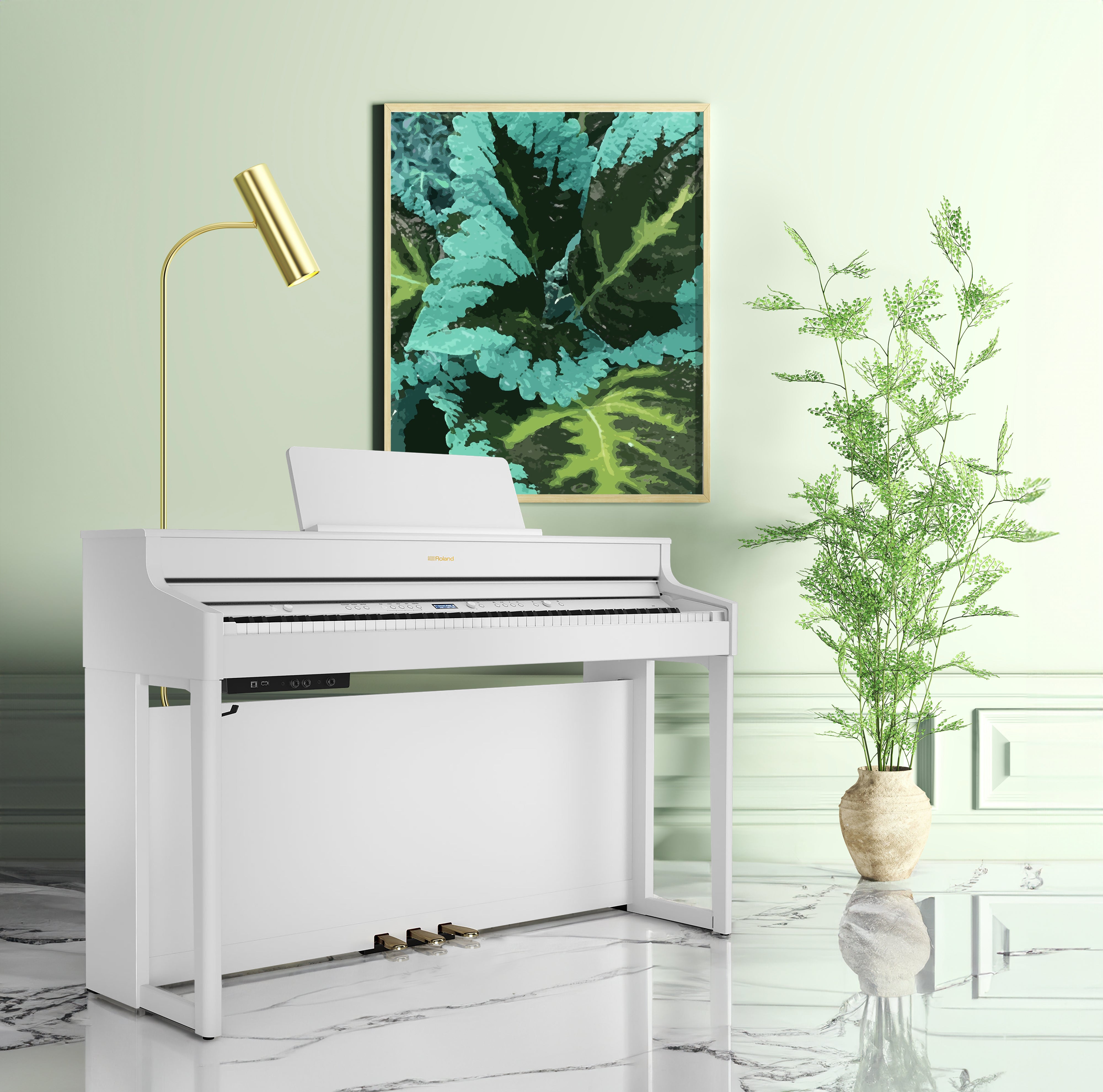 Roland HP702 Digital Piano - Satin White - in a stylish room