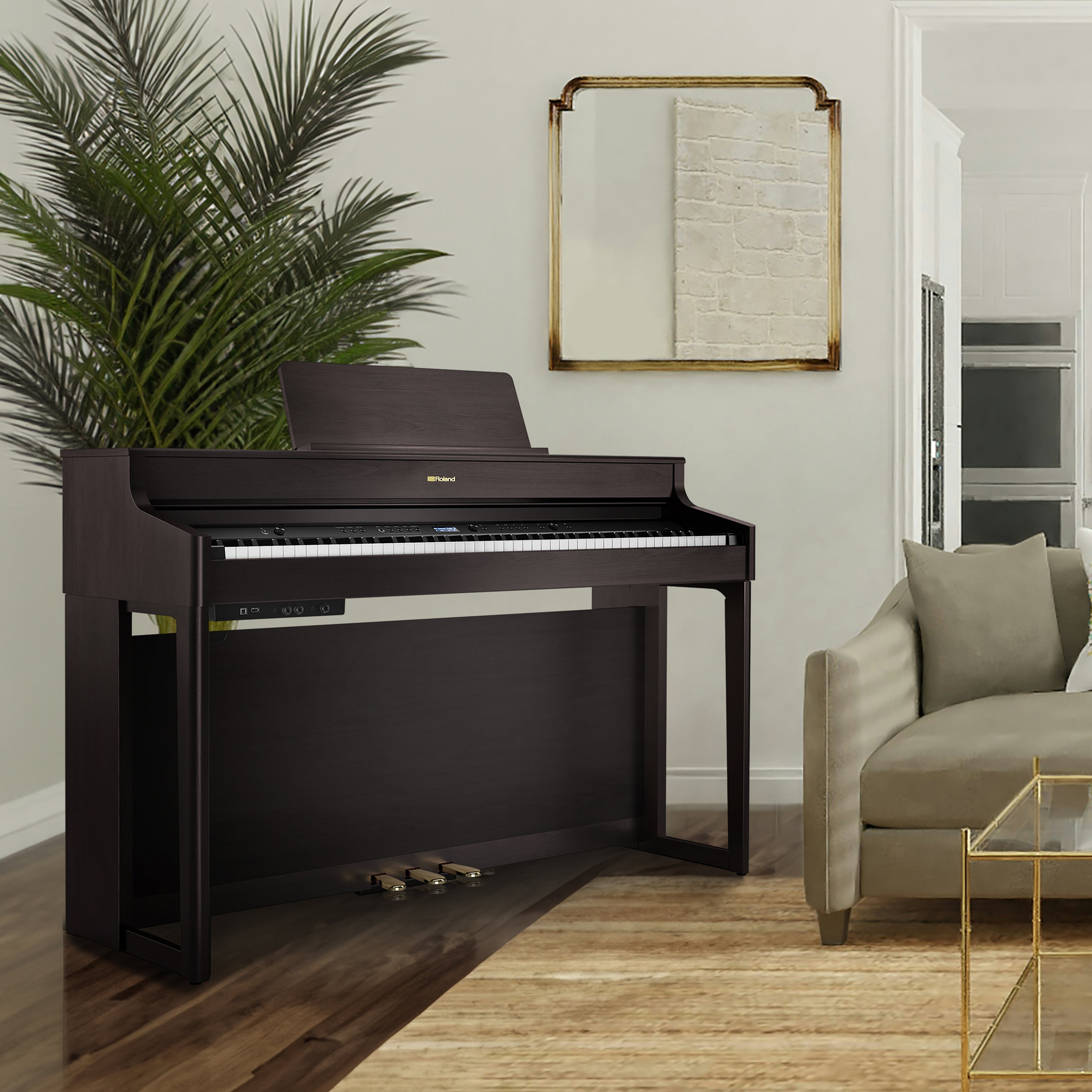 Roland HP702 Digital Piano - Dark Rosewood - in a stylish living room