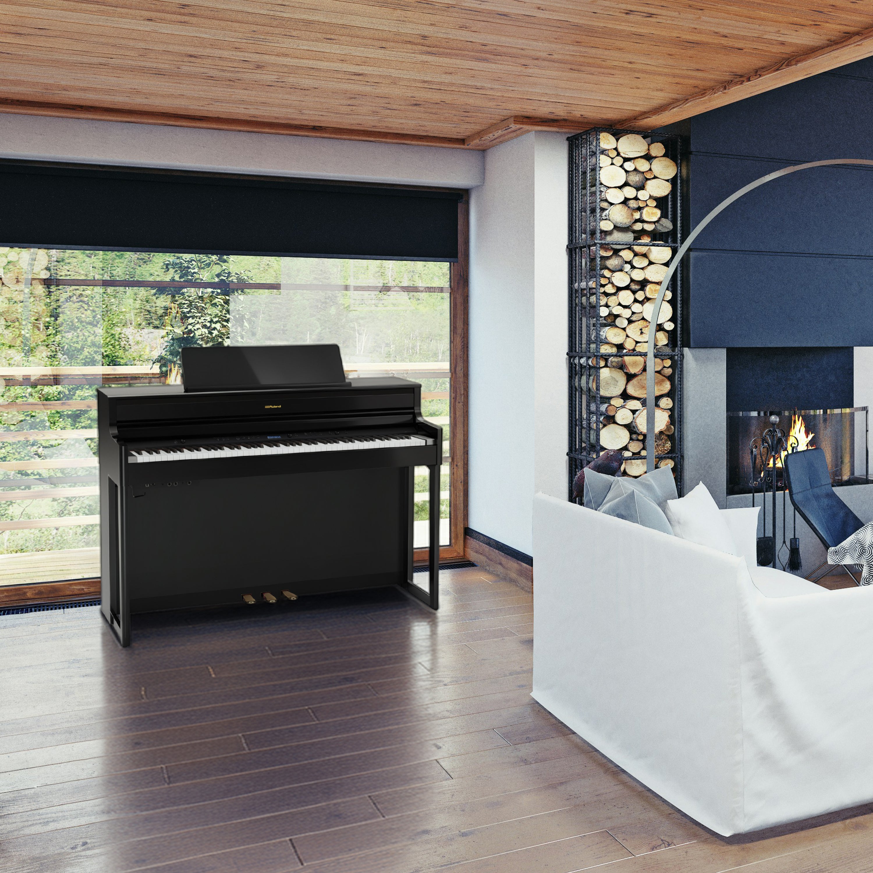 Modern living room with Roland HP704 Digital Piano in Polished Ebony, white sofa, and fireplace.