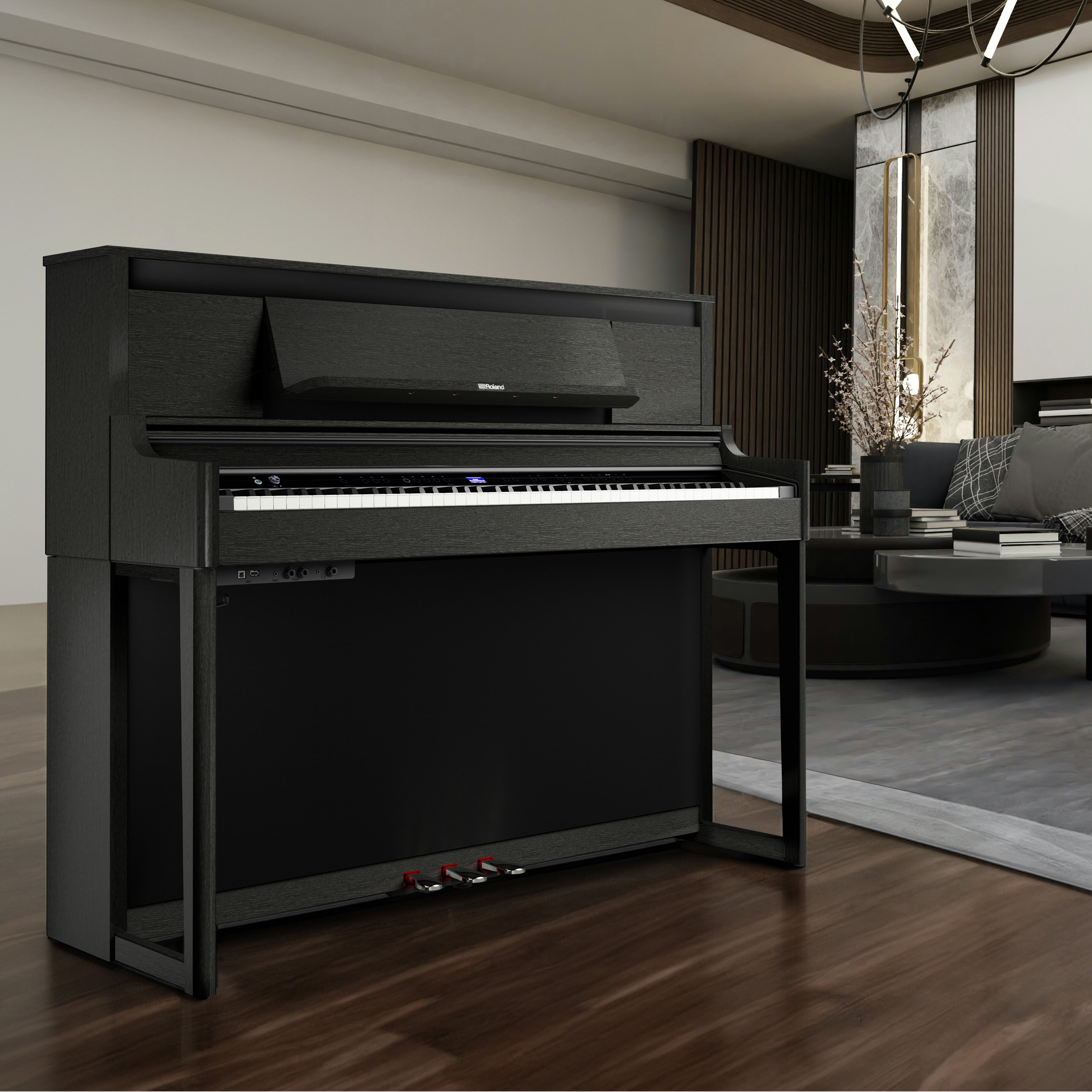 Roland LX-6 Digital Piano with Bench - Charcoal Black - in a modern lobby