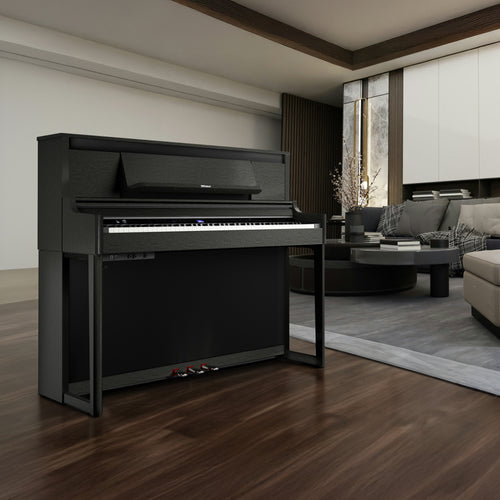 Roland LX-6 Digital Piano with Bench - Charcoal Black - in a modern lobby